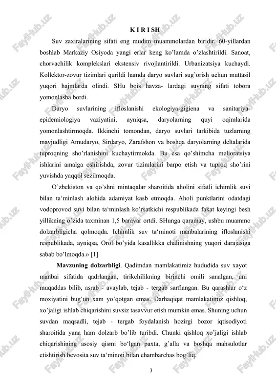 ol bo’yida kasallikka chalinishning yuqori darajasiga sabab bo’lmoqda.» [1] mavzuning dolzarbligi. qadimdan mamlakatimiz hududida suv xayot manbai sifatida qadrlangan, tirikchilikning birinchi omili sanalgan, uni muqaddas bilib, asrab - avaylab, tejab - tergab sarflangan. bu qarashlar o‘z moxiyatini bug‘un xam yo’qotgan emas. darhaqiqat mamlakatimiz qishloq, xo’jaligi ishlab chiqarishini suvsiz tasavvur etish mumkin emas. shuning uchun suvdan maqsadli, tejab - tergab foydalanish hozirgi bozor iqtisodiyoti sharoitida yana ham dolzarb bo’lib turibdi. chunki qishloq xo’jaligi ishlab chiqarishining asosiy qismi bo‘lgan paxta, g’alla va boshqa mahsulotlar etishtirish bevosita suv ta‘minoti bilan chambarchas bog’liq. respublika bo’yicha sug’orish uchun yiliga o’rtacha 55 mlrd. m3 suv talab etiladi. bu ko’rsatkich markaziy osiyo respublikalarida iste‘mol qilinadigan suvning deyarli yarmiga tengdir. respublikada foydalaniladigan suvning ko’p qismi qo‘shni davlatlar hududlaridan oqib keladi. respublikada foydalaniladigan suvning 85 foizi qishloq xo’jaligida ishlatiladi. dexdonchilikka mo’ljallangan erlarning 98 foizini sug’oriladigan maydonlar tashkil etadi. o’zbekiston hududida vujudga keladigan suv resurslarining ulushi amudaryo havzasi bo’yicha 6 …