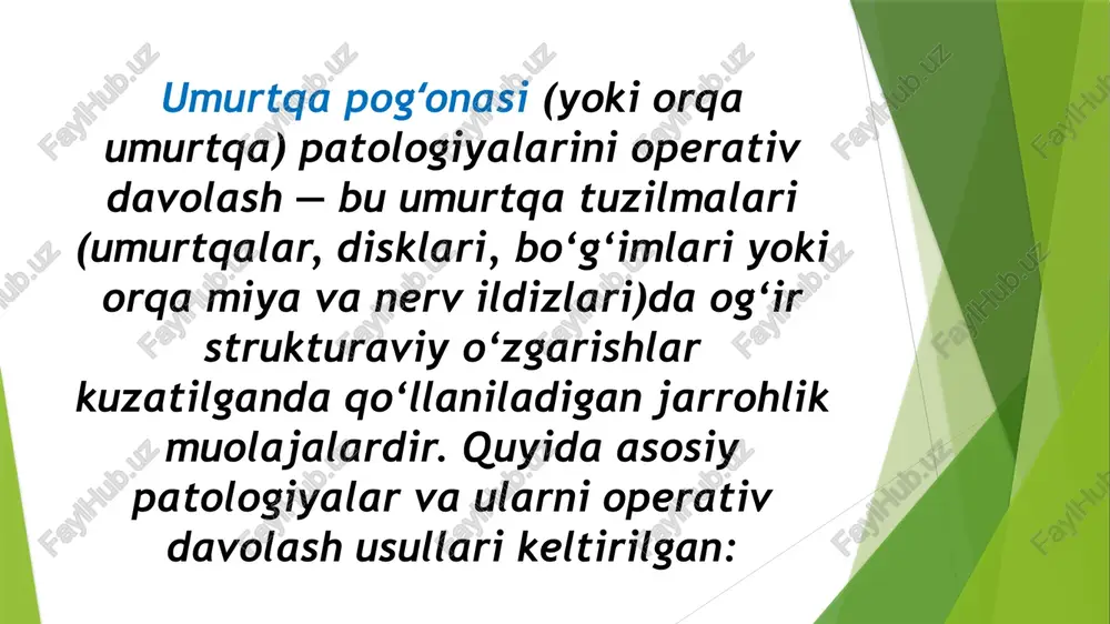 nerv ildizlari siqilishi bilan kechuvchi og‘riq) turlari: ochiq diskektomiya – klassik usul. mikrodiskektomiya – kam invaziv, mikroskop yoki endoskop ostida. afzalliklari: tez simptomlarni yengillashtiradi. reabilitatsiya nisbatan tez. sun’iy disk almashtirish (artificial disc replacement) maqsadi: disk funksiyasini saqlab qolish bilan birga og‘riqni yo‘qotish. ko‘rsatmalar: bel yoki bo‘yin disk degeneratsiyasi. fuzionga alternativ. afzalliklari: harakatchanlik saqlanadi. qo‘shni segmentlarga yuk kamayadi. kamchiliklari: har doim ham mos kelavermaydi (osteoporoz, infektsiya xavfi). narxi yuqori. umurtqa patologiyalarining operativ davosi murakkab, ammo zamonaviy usullar yordamida yuksak natijalarga erishilmoqda. har bir usul o‘zining aniq ko‘rsatmasi, afzalliklari va xavflariga ega. optimal usulni tanlashda shifokorning tajribasi va bemorning holati muhim rol o‘ynaydi. foydalanilgan adabiyotlar 1. “essentials of spinal disorders” muallif: alexander vaccaro nashriyot: thieme medical publishers, 2015 2. “umurtqa pogʻonasi va orqa miyaning travmalari” muallif: abdurahmon mamatqulovich mamadaliyev nashriyot: toshkent, 2009 isbn: 978-9943-8263-9-7 3. internet tarmoqlari eʼtiboringiz uchun tashakkur image1.jpeg image2.jpeg image3.jpeg image4.jpeg image5.jpeg image6.jpeg image7.jpeg image8.jpeg laminectomy lamina removed back …