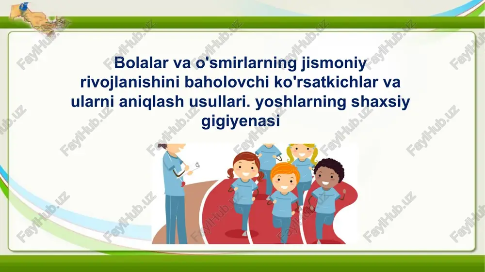 asalan, sirtlanish, yurish va cho'milgan qobiliyatlarni, masalan, qoshiq tutish yoki narsalarni tutish kabi halqalarining rivojlanishidir. tish va suyak rivojlanishi, masalan, tishlar chiqishi va yaxshi suyak o'sishi, bolalar va o'smirlarning jismoniy rivojlanishini baholashda ham muhimdir. jismoniy rivojlanishdagi bosqichlar katta motor ko'nikmalar qiyish, yurish va dawranchilik kabi katta motor ko'nikmalar, bolaning rivojlanishida muhim jismoniy bosqichlar. yengil motor ko'nikmalar narsalarni qo'llab-quvvatlash, ozi o'zini ozi oshirish va chizish kabi yengil motor ko'nikmalar, bolaning jismoniy rivojlanishi va koordinatsiyasi uchun muhimdir. jismoniy o'sish belgilari bo'yi, og'irligi va kasallik rivojlanishi kabi jismoniy o'sish belgilari, bolaning umumiy jismoniy rivojlanishi va sog'ligi uchun muhim ko'rsatkichlar. jismoniy rivojlanish ko'rsatkichlarini aniqlash uchun umumiy usullar 1 bo'y va og'irlik o'lchashlari bo'y va og'irlik o'lchashlari jismoniy rivojlanishning umumiy ko'rsatkichlari bo'lib, o'sish grafiklari vaqt o'tishi bilan oshishni kuzatish uchun ishlatiladi. 2 tana massa indeksi (tmi) hisoblash tmi ni hisoblash jismoniy rivojlanishni baholashning keng qo'llaniladigan usullaridan biri hisoblanadi, chunki uni o'rtacha bo'yligini aniqlash uchun bo'y …