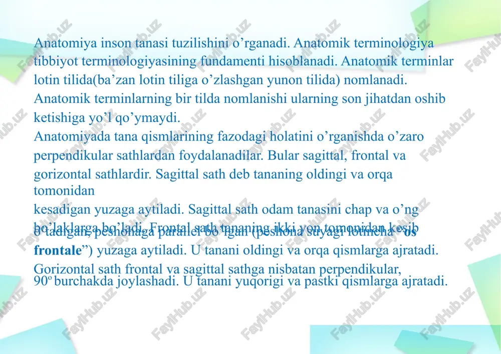 belgilashda tanadan bo’ylama chiziqlar (linea) o’tkaziladi. oldingi o’rta chiziq – linea mediana anterior to’sh suyagi o’rtasidan, to’sh chizig’i – linea sternalis to’sh suyagi chekkasidan, o’rta o’mrov chizig’i – linea medioclavicularis(mamillaris) o’mrov suyagi o’rtasidan o’tadi. to’sh chizig’i bilan o’rta o’mrov chizig’i o’rtasida linea parasternalis chizig’i o’tadi. oldingi qo’ltiq osti chizig’i – linea axillaris anterior, o’rta qo’ltiq osti chizig’i – linea axillaris media, orqa qo’ltiq osti chizig’i – linea axillaris posterior nomlariga mos sohadan, kurak chizig’i – linea scapularis kurak suyagidan, umurtqa yon chizig’i – linea paravertebralis umurtqa suyaglari ikki yonidan, orqa o’rta chiziq – linea mediana posterior umurtqa o’tkir qirralari ustidan o’tadi. anatomik terminologiyada qo’llaniladigan prefikslar. sub- (lotincha “ostida”). so’z oldida ishlatilib, ostida, ostki, ost ma’nolarini anglatadi. masalan, submandibularis “pastki jag’ osti” degan ma’noni anglatadi. hypo- (qadimgi yunon tilida “ostida”). hypo prefiksi sub prefiksi bilan ma’nodoshdir. masalan, hipolingual “til osti” degan ma’noni anglatadi. infra- (lotincha “pastda, ostki tomonda”). bu prefiks ham …