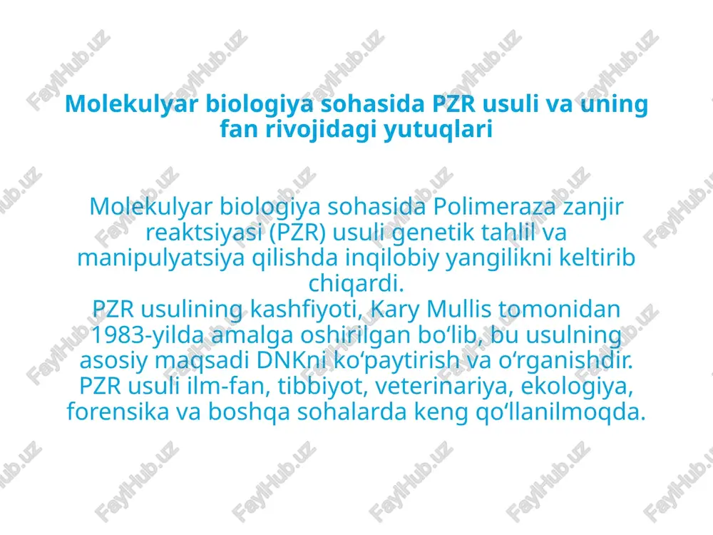 lan, ketma-ketlikni aniqlash, gel elektroforez yoki klonlash uchun yuborilishi mumkin. pzr biologiya va tibbiyotning koʻplab sohalari, xususan, molekulyar biologiya, tibbiy tashxislash va hatto ekologiyaning ayrim sohalarida ham qoʻllanadi. taq polimeraza organizm hujayrasidagi dnk replikatsiyasi kabi, pzr jarayonida ham yangi dnk zanjirlarini hosil qilish uchun andoza dnk va dnk polimerazalarning boʻlishi talab etiladi. pzrda odatda taq polimeraza deb nomlangan dnk polimerazasi qoʻllanadi, bu issiqlikka chidamli bakteriyalardan (thermus aquaticus) ajratib olinadi. t. aquaticus issiq buloqlar va gidrotermal tuynuklarda yashaydi. uning dnk polimerazasi issiqlikka juda chidamli va \[70 °\text c\] (bu haroratda odam yoki e. coli dnk polimerazasi nofunksional holatda boʻladi) atrofida eng faol holatda boʻladi. bu haroratga chidamli taq polimeraza pzr uchun juda mos keladi. koʻrib turganimizdek, pzrda yuqori harorat andoza dnkni denaturatsiyalash yoki uning zanjirlarini ajratish uchun takroriy ravishda qoʻllanadi. pzr praymerlar boshqa dnk polimerazalar singari taq polimeraza ham faqatgina qisqa nukleotidlar ketma-ketligi, yaʼni praymerlar mavjud boʻlgandagina dnk sintezini boshlashi mumkin. …