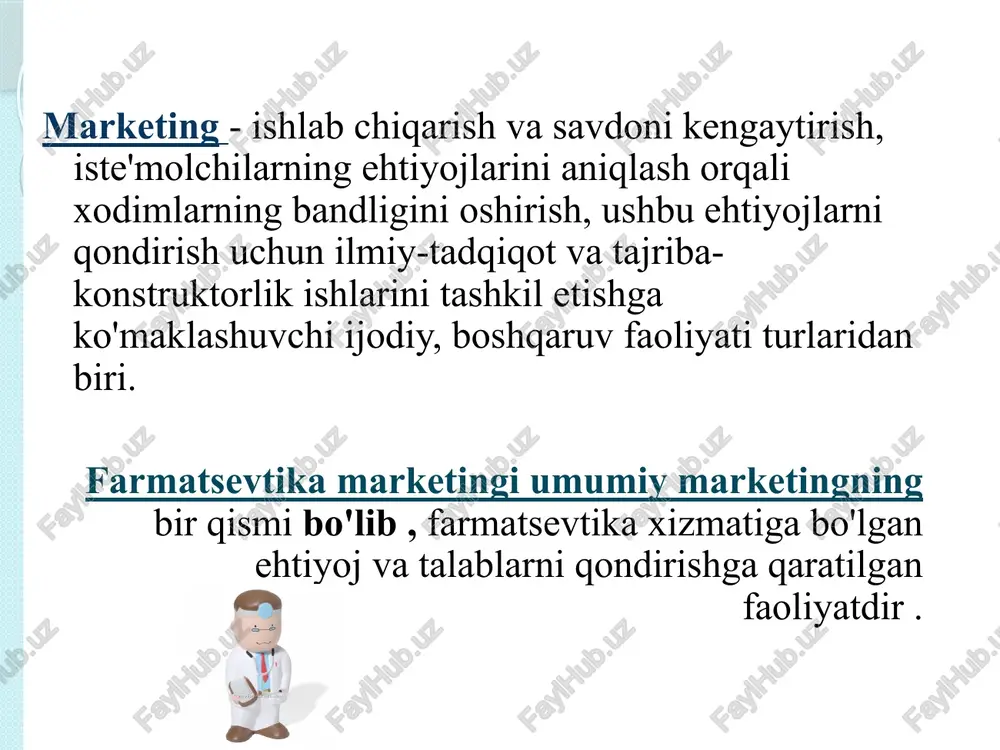 'yicha chora-tadbirlar ishlab chiqish; sotishni rejalashtirish va amalga oshirish; ishlab chiqarishni boshqarish va tashkil etishni takomillashtirish chora-tadbirlarini ishlab chiqish. marketing funktsiyalari analitik funktsiya 1. bozor tadqiqoti. 2. iste'molchi tadqiqotlari. 3 . mahsulotni o'rganish (mahsulot assortimenti tuzilishi). 4 . korxonaning ichki muhitini tahlil qilish. ishlab chiqarish funktsiyasi: 1. yangi tovarlar ishlab chiqarishni tashkil etish, yangi texnologiyalarni ishlab chiqish. 2. moddiy-texnik ta'minotni tashkil etish. 3. tayyor mahsulot sifati va raqobatbardoshligini boshqarish. savdo funktsiyasi ( funksiya sotish ): 1. tovarlarni taqsimlash tizimini tashkil etish. 2. xizmatni tashkil etish. 3. talabni shakllantirish va sotishni rag'batlantirish tizimini tashkil etish. 4. maqsadli mahsulot siyosatini olib borish. 5. maqsadli narx siyosatini amalga oshirish. boshqaruv va nazorat funktsiyasi: 1. korxonada strategik va operativ rejalashtirishni tashkil etish. 2. marketingni boshqarishni axborot bilan ta’minlash. 3. korxonada aloqa tizimini tashkil etish. 4. marketing nazoratini tashkil etish. marketing tadqiqotlari - bu kompaniya oldida turgan marketing vaziyati bilan bog'liq holda zarur bo'lgan ma'lumotlar …
