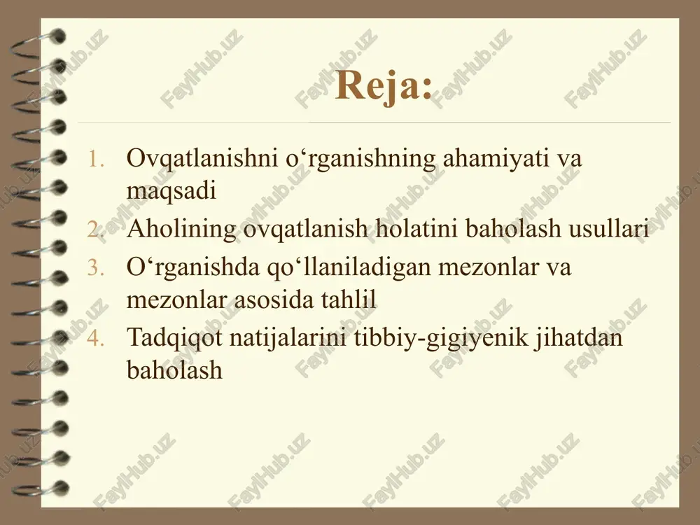 i jalb etgan holda keng ko‘lamli ma’rifiy ishlar olib borish foydalanilgan adabiyotlar: ruziev r.r., mavlonov sh.n. “gigiyena va ekologiya asoslari”. – toshkent: tibbiyot nashriyoti, 2020. qosimov sh.q., abdullayev m.m. “ovqatlanish gigiyenasi”. – toshkent: o‘zmu nashriyoti, 2019. o‘zbekiston respublikasi sog‘liqni saqlash vazirligining 41-sonli buyrug‘i, 2019-yil 5-fevral – "aholining ovqatlanishini monitoring qilish tartibi to‘g‘risida". o‘zbekiston respublikasi “oziq-ovqat xavfsizligi to‘g‘risida”gi qonuni, 2020-yil. sanpin 2.3.2.1078-01 – "ovqatlanish gigiyenasi bo‘yicha sanitariya me’yorlari va qoidalari". world health organization (who). “nutritional surveillance guidelines”. – geneva, 2020. fao/who codex alimentarius – guidelines for the assessment of nutrition in populations. – 2021. karimova d.a. “aholining ovqatlanish madaniyatini shakllantirishda monitoringning o‘rni” – tibbiyot va jamiyat jurnali, 2022-yil, №2. normativ.uz – oziq-ovqat gigiyenasi va sog‘liqni saqlashga oid me’yoriy hujjatlar bazasi. unicef & who. "the state of the world’s children: food and nutrition", 2021-yilgi hisobot. aholi ovqatlanishini o'rganish usullari aholining turli guruhlari ovqatlanishini o'rganish katta amaliy ahamiyatga ega, chunki o'tkazilgan tadqiqotlar asosida …