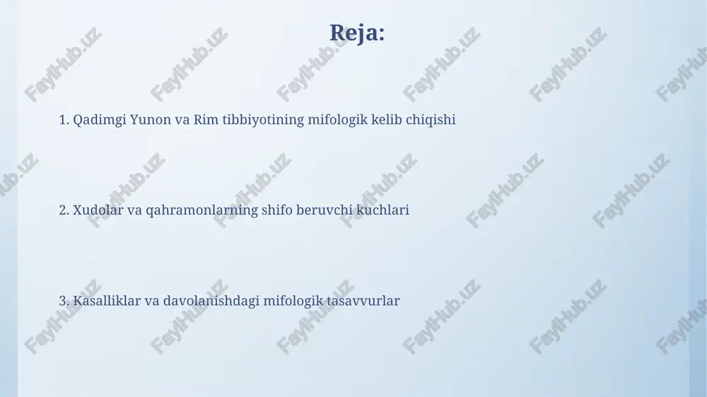 ing ramzi esa ilon edi. qadimgi rim tibbiyotida galen (mil. 129-216)ning asarlari keng tarqalgan bo'lib, uning anatomiya va fiziologiya bo'yicha 20 dan ortiq traktati asrlar davomida tibbiy ta'limning asosini tashkil etgan. qadimgi yunon va rim tibbiyotining mifologiyasi rim mifologiyasida salus, valetudo va febris kabi xudolar sog'liq, salomatlik va isitma bilan bog'liq edi, ularga qurbonliklar va marosimlar o'tkazilardi. bu 3 xudo tibbiyot amaliyotiga ta'sir ko'rsatgan. yunon tibbiyoti "to'rtta kayfiyat" nazariyasi – qon, balg'am, sariq va qora safro muvozanatiga asoslangan bo'lib, bu nazariya galen kabi taniqli shifokorlarning ishlariga ta'sir qilgan. tibbiy sehr-jodular va marosimlar yunon mifologiyasida asklepiy – shifo xudosi bo'lib, unga bag'ishlangan asclepieylar (davolash muassasalari)da 300 dan ortiq o'simlik va mineral preparatlar ishlatilgan. qadimgi yunon va rim shifokorlari kasalliklarni 4 ta asosiy suyuqlik – qon, balg'am, sariq va qora safro muvozanati buzilishi bilan bog'lashgan. ularning buzilishi turli kasalliklarga olib kelishiga ishonishgan. tibbiyot xudolarining ibodatxonalari tibbiyot xudolariga bag'ishlangan ma'badlar ko'pincha 20 dan …