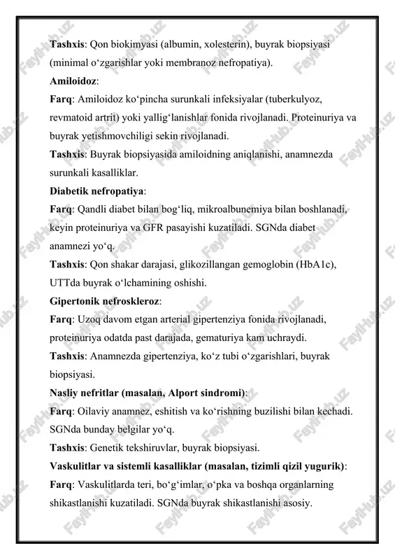 maturiya kam uchraydi. tashxis: anamnezda gipertenziya, ko‘z tubi o‘zgarishlari, buyrak biopsiyasi. nasliy nefritlar (masalan, alport sindromi): farq: oilaviy anamnez, eshitish va ko‘rishning buzilishi bilan kechadi. sgnda bunday belgilar yo‘q. tashxis: genetik tekshiruvlar, buyrak biopsiyasi. vaskulitlar va sistemli kasalliklar (masalan, tizimli qizil yugurik): farq: vaskulitlarda teri, bo‘g‘imlar, o‘pka va boshqa organlarning shikastlanishi kuzatiladi. sgnda buyrak shikastlanishi asosiy. tashxis: ana, anca antitelolari, immunologik testlar. asosiy diagnostik vositalar: buyrak biopsiyasi: morfologik o‘zgarishlarni aniqlashda “oltin standart”. immunologik testlar: komplement darajasi, immunoglobulinlar, antitelolar. anamnez va klinik belgilar: kasallikning b coshlanishi, rivojlanish tezligi, oilaviy anamnez. asoratlari surunkali glomerulonefrit o‘z vaqtida davolanmasa yoki agressiv kechsa, bir qator jiddiy asoratlarga olib kelishi mumkin: surunkali buyrak yetishmovchiligi (sby): buyrak funksiyasining progressiv pasayishi natijasida organizmda toksinlar to‘planadi. belgilar: azotemiya, anemiya, elektrolit muvozanati buzilishi, gipertenziya. davolash: gemodializ yoki buyrak transplantatsiyasi. arterial gipertenziya: renin-angiotensin tizimining faollashishi tufayli qon bosimi doimiy ravishda yuqori bo‘ladi. asoratlar: yurak ishemiyasi, insult, ko‘z tubi shikastlanishi. nefrotik sindrom: …