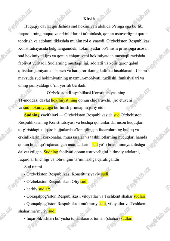 iy sudi; · o‘zbekiston respublikasi oliy sudi; · harbiy sudlar; · qoraqalpog‘iston respublikasi, viloyatlar va toshkent shahar sudlari; · qoraqalpog‘iston respublikasi ma’muriy sudi, viloyatlar va toshkent shahar ma’muriy sudi · fuqarolik ishlari bo‘yicha tumanlararo, tuman (shahar) sudlari; · jinoyat ishlari bo‘yicha tuman (shahar) sudlari; · tumanlararo, tuman (shahar) iqtisodiy sudlari; · tumanlararo ma’muriy sudlari faoliyat ko‘rsatadi. sud hokimiyatining mustaqilligi kafolatlari · o‘zbekiston respublikasida sud hokimiyati qonun chiqaruvchi va ijro etuvchi hokimiyatlardan, siyosiy partiyalardan, boshqa jamoat birlashmalaridan mustaqil holda ish yuritadi. · sudyalar mustaqildirlar, faqat qonunga bo‘ysunadilar. sudyalarning odil sudlovni amalga oshirish borasidagi faoliyatiga biron-bir tarzda aralashishga yo‘l qo‘yilmaydi va bunday aralashish qonunga muvofiq javobgarlikka sabab bo‘ladi. · sudyalarning daxlsizligi qonun bilan kafolatlanadi. · sudyalar senator, davlat hokimiyati vakillik organlarining deputati bo‘lishi mumkin emas. · sudyalar siyosiy partiyalarning a’zosi bo‘lishi, siyosiy harakatlarda ishtirok etishi, shuningdek ilmiy va pedagogik faoliyatdan tashqari haq to‘lanadigan boshqa biron-bir faoliyat turlari bilan shug‘ullanishi mumkin emas. · …