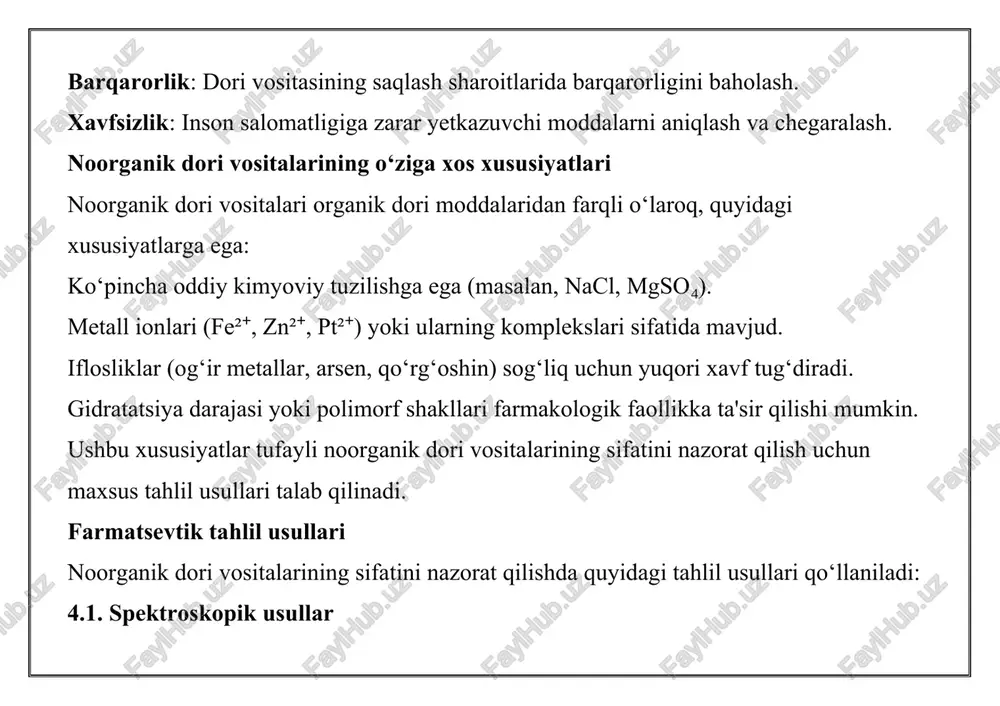 k (ppb darajasida aniqlash). misol: temir tuzlaridagi temir miqdorini aniqlash. induktiv bog‘langan plazma mass-spektrometriyasi (icp-ms): qo‘llanilishi: og‘ir metallar (pb, cd, hg) va mikroelementlarning iz miqdorini aniqlash. afzalligi: o‘ta yuqori sezgirlik va ko‘p elementli tahlil imkoniyati. misol: magniy preparatlaridagi qo‘rg‘oshin iflosliklarini aniqlash. 4.2. titrimetrik usullar tavsif: kimyoviy reaksiyalar yordamida modda miqdorini aniqlash (masalan, kompleksometriya, redoks titrlash). qo‘llanilishi: kaltsiy karbonat yoki magniy sulfat miqdorini aniqlash. natriy xloridning konsentratsiyasini argentometrik titrlash orqali aniqlash. afzalligi: oddiylik, arzonlik va yuqori aniqlik. 4.3. xromatografik usullar ion xromatografiyasi (ic): qo‘llanilishi: anionlar (so₄²⁻, cl⁻) va kationlar (na⁺, k⁺) miqdorini aniqlash. afzalligi: yuqori selektivlik va bir nechta ionlarni bir vaqtda tahlil qilish. misol: fiziologik eritmalardagi ion tarkibini nazorat qilish. 4.4. gravimetrik usullar tavsif: moddaning massa o‘zgarishiga asoslangan tahlil. qo‘llanilishi: kaltsiy yoki magniy tuzlarining tozaligini aniqlash. afzalligi: yuqori aniqlik, lekin vaqt talab qiladi. 4.5. termik tahlil usullari tavsif: moddaning termik xususiyatlarini (masalan, suv miqdorini) aniqlash uchun termogravimetriya (tga) yoki differensial …