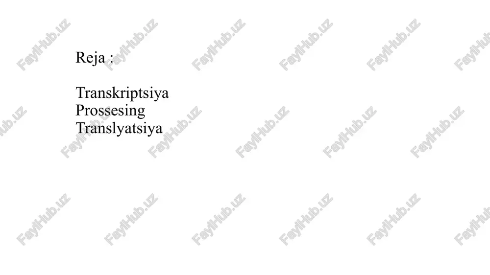 aqlovchi (ekzonlar) va axborot saqlamaydigan (intronlar) mavjud. bu qismlar splaysing jarayoniga uchraydi. ya`ni intronlar va ekzonlar ajratilib, rnk ligaza fermenti orqali ekzonlar birlashtiriladi. ekzonlar faol gen saqlovchi qismlar hisoblanadi. jarayon yadro ichida sodir bo’ladi. pre-mrnk-da ekzon va intronlarni oddiy tasvirlash. ulardagi splaysing uchun muhim saytlari. kamida to'rtta turli xil intron sinflari aniqlangan: spiceosomal oqsillar tomonidan olib tashlanadigan (splaysosomal intron) rnk tashuvchi yadro va arxaeal oqsillar tomonidan olib tashlanadigan (trnk intronlari) i guruh rnk ​​katalizi bilan olib tashlanadigan o'z-o'zidan splaysing bo’luvchi intronlar ii guruh rnk ​​katalizi bilan olib tashlanadigan o'z-o'zidan splaysing bo’luvchi intronlar iii guruhning intronlari beshinchi oilaga tegishli deb taxmin qilinadi, ammo ularning tarqalishini ta'minlaydigan biokimyoviy apparatlar haqida kam ma'lumot mavjud. ko'rinishidan, ular ii guruhning intronlari va, ehtimol, spliceosomal intronlar bilan bog'liq. https://en.m.wikipedia.org/wiki/intron alternativ splaysing splaysing jarayonidan so’ng rnk ning 5’ va 3’ uchlari kimyoviy modifikatsa qilinadi yani cap(kimyoviy mooda) ulanadi keyingi jarayon bu modifikatsiya jarayoni: bunda mrnk ning molekulasi …