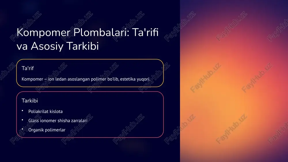 a qattiqlashtirish 3. polishing va tekshirish yuzani tekislash va bite mosligini tekshirish 9 xulosa: kompomer va orkomer plombalarini taqoslash kompomer yuqori estetik ko'rinish, kichik va o'rtacha plombalar uchun mos. orkomer yuqori mustahkamlik va chidamlilik, katta yuklarga mos. har ikkisi tishlarni samarali tiklash uchun muhim vositalar. 10 image1.png image2.png image3.png image4.png image5.png image6.png image7.png image8.png image9.png image10.png image11.png image12.png image13.png image14.png made with gamma