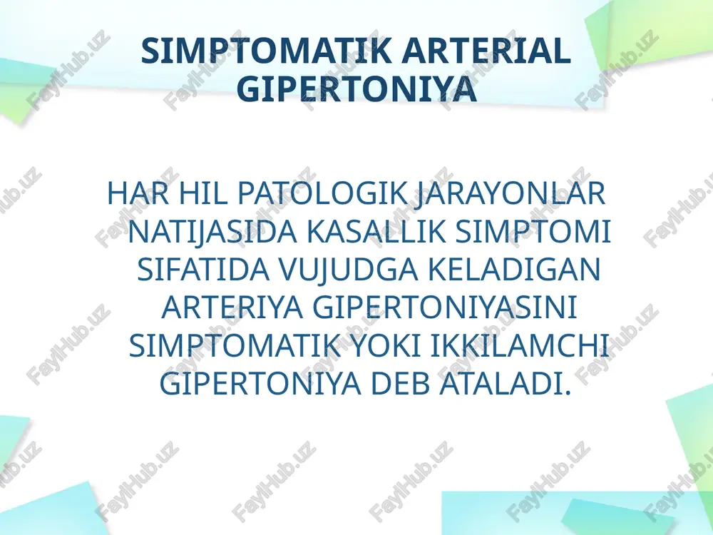 g'ining giperplaziyasi yoki o'smasi ta'sirida 11-oksikortikosteroidlar sekresiyasi ko'payadi. tireotoksikozda tiroksin va triyodti roning gormonlari ta'sirida yurakning daqiqalik hajmi va aylanayotgan qon hajmi ortadi va sistolik gipertoniyani sodir qiladi. s. klimakterik gipertoniya patogenezi asosida menopauza davrida follikulyar gormon depressor faoliyatining zaiflanishi yoki to'xtashi yotadi. esterogenlar ishlab chiqarilishining to'xtashi, shubhasiz yana mns faoliyatining buzilishiga olib keladi. d. gemodinamik gipertoniya asosida yurakning zarb hajmining ko'payishi yotadi. 1)takayasu sindromida ag yallig'lanish jarayoni ta'sirida buyrak arteriyalarining torayishi hamda aorta depressor sohasining qamali yuzaga keladi. 2) aortaning ko'krak bo'limi koarktasiyasida (tug'ma torayishda) arteriya bosimining ko'tarilishi asosida gavdaning yuqori yarmi qon tomirlarining liq to'lishi, qonnning zarblik va daqiqalik hajmining ko'payishi yotadi. 3) aorta qorin qismining torayishida gipertenziyaning rivojlanish mexanizmi buyrakda qon aylanishining kamayishi bilan bog’liq e. miya o’smalarida va uning ba’zi bir organik shikastlanishida gipertenziya genezi tomir tonusini boshqaradigan miya po’stlog’i osti sohalarining ta’sirlanishi bilan bog’liq f. dori-darmon gipertoniyasi patogenezida vazokonstriksiya ahamiyatli. dori ta’sirida: simpatik nerv sistemasi …