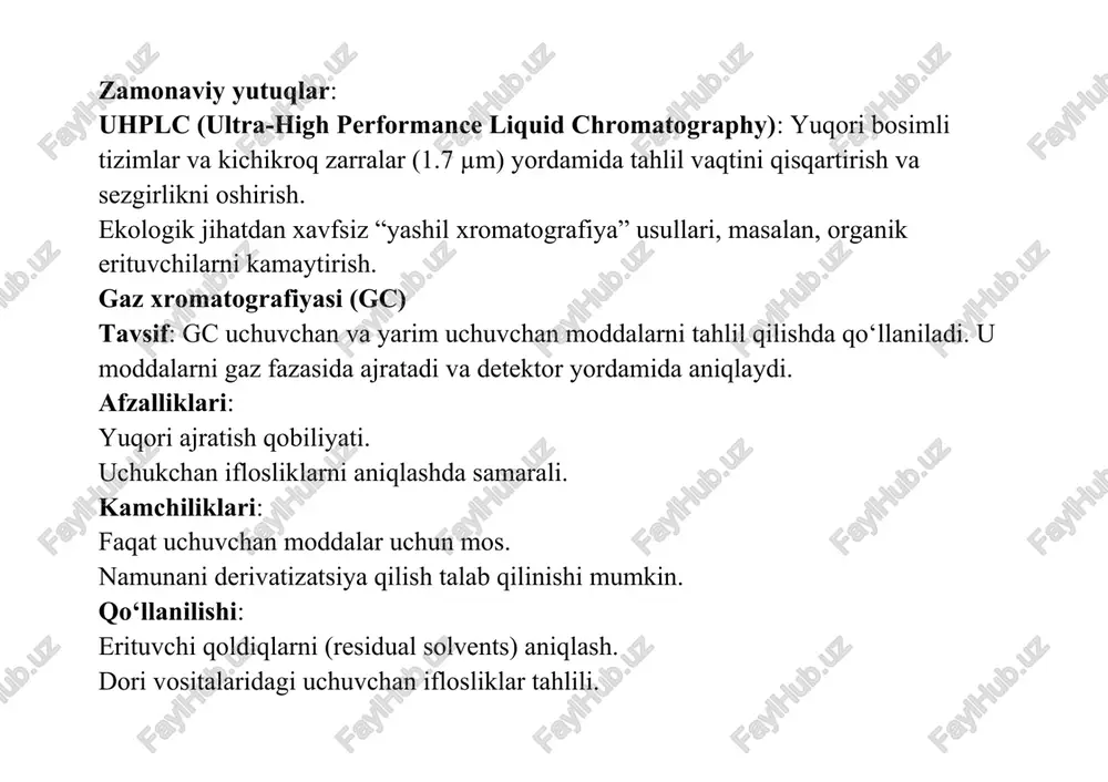 iqlash). strukturaviy tahlil va noma’lum moddalarni identifikatsiya qilish imkoniyati. kamchiliklari: murakkab jihozlar va yuqori narx. mutaxassislar tomonidan boshqarilishi zarur. qo‘llanilishi: biologik namunalar (plazma, siydik) ichidagi dori konsentratsiyasini aniqlash. metabolitlar va degradatsiya mahsulotlarini tahlil qilish. zamonaviy yutuqlar: hrms (high-resolution mass spectrometry): to‘liq massa spektri orqali moddalarni aniq identifikatsiya qilish. tandem ms (ms/ms): murakkab aralashmalarni tahlil qilishda yuqori selektivlik. yadroviy magnit rezonans spektroskopiyasi (nmr) tavsif: nmr molekulalarning kimyoviy tuzilishini va miqdorini aniqlash uchun yadro spinlarining magnit xususiyatlaridan foydalanadi. afzalliklari: strukturaviy tahlilda yuqori aniqlik. nondestruktiv usul (namuna zarar ko‘rmaydi). kamchiliklari: past sezgirlik (hplc yoki ms bilan solishtirganda). qimmat va katta jihozlar talab qilinadi. qo‘llanilishi: dori moddalarining kimyoviy tuzilishini tasdiqlash. murakkab aralashmalardagi faol moddalarni miqdoriy tahlil qilish. zamonaviy yutuqlar: qnmr (quantitative nmr): miqdoriy tahlil uchun optimallashtirilgan usullar. past maydonli nmr spektrometrlarning rivojlanishi. infraqizil spektroskopiya (ir) va raman spektroskopiyasi tavsif: ir va raman molekulalarning tebranish energiyasini o‘lchash orqali moddalarni identifikatsiya qiladi va miqdorini aniqlaydi. afzalliklari: …