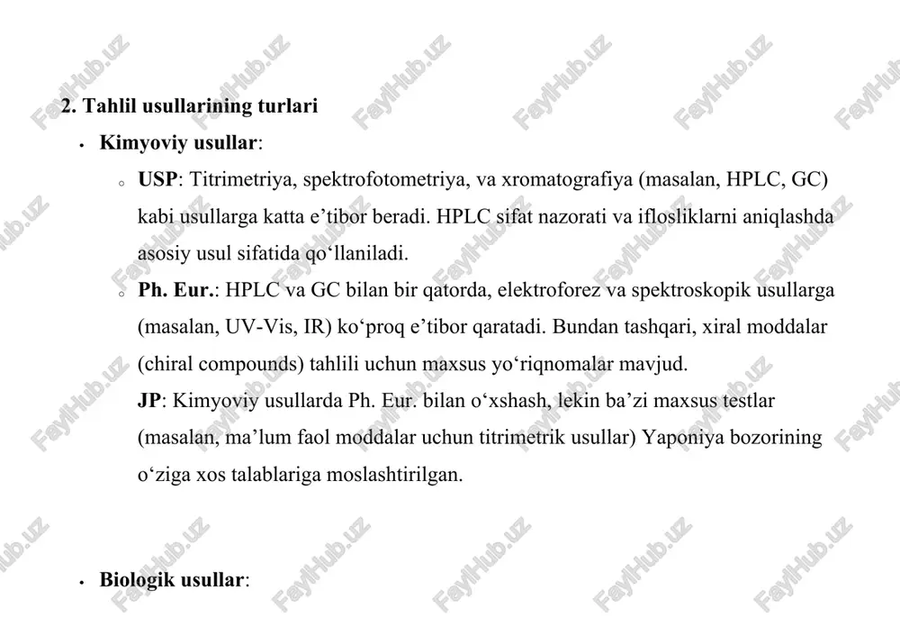 jmini aniqlash va barqarorlik tahlillari kabi usullar mavjud. masalan, ph. eur. va usp siklodekstrinlar tahlili uchun hplc va tlc usullarini tavsiya qiladi. 3. asosiy farqlar · hplc va xromatografiya: hplc barcha farmakopeyalarda eng muhim usul hisoblanadi, lekin ph. eur. va jp ko‘proq ekologik jihatdan xavfsiz usullarni (masalan, organik erituvchilarni kamaytirish) targ‘ib qiladi, usp esa an’anaviy usullarga ko‘proq tayanadi. iflosliklarni aniqlash: · usp: genotoksik iflosliklar (gti) va nitrozaminlarni aniqlash uchun maxsus bo‘limlarga ega. ph. eur.: iflosliklarni aniqlashda ko‘proq selektiv usullarga, masalan, ikki o‘lchovli xromatografiyaga e’tibor beradi. jp: mahalliy bozor talablariga moslashtirilgan ifloslik testlari, lekin global standartlarga moslashishda biroz sekinroq. · moslashuvchanlik: ph. eur. va usp monograflarda ma’lum moslashuvchanliklarga (allowable adjustments) ruxsat beradi, bu esa laboratoriyalarga kichik o‘zgarishlarni kiritish imkonini beradi. jp bu borada ancha qat’iyroq. 4. standartlashtirish va garmonizatsiya · pdg (pharmacopoeial discussion group): usp, ph. eur. va jp o‘rtasida standartlarni garmonizatsiya qilish uchun 1989-yilda tashkil etilgan. biroq, to‘liq garmonizatsiyaga hali …