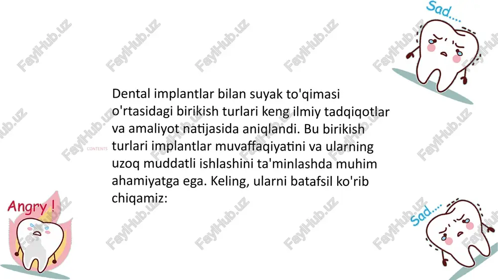 mplant yuzasiga qo'llanilib, suyak to'qimasining o'sishini rag'batlantirish uchun ishlatiladi. bu materiallar, masalan, kaltsiy fosfat yoki gidroksiapatit qoplamalari suyak hujayralarini jalb qilib, suyak to'qimasi bilan kuchliroq birikishni ta'minlaydi. jarayon: bioaktiv qoplama suyak hujayralarini implant sirtiga ko'proq jalb qiladi va osseointegratsiya jarayonini tezlashtiradi. afzalliklari: osseointegratsiyadan tezroq birikish amalga oshadi va mustahkam birikish ta'minlanadi. bioaktiv qoplamali implantlar davolanish jarayonini qisqartirishi mumkin. kamchiliklari: bioaktiv materiallar bilan ishlash texnologiyasi qimmat bo'lishi mumkin, va ularning qo'shimcha ehtiyojlari bor, shuningdek, barcha klinik hollarda bir xil natija bermasligi mumkin. 4. sement-integratsiya sement-integratsiyada implant va suyak o'rtasidagi bo'shliqqa biomateriallar yoki sement joylashtiriladi. bu usul osseointegratsiyadan kamroq mahkamlik bersa ham, ba'zi klinik hollarda zarur hisoblanadi. jarayon: maxsus sement yoki biomaterial implant va suyak orasiga joylashtiriladi, bu esa ularning birikishini ta'minlaydi. afzalliklari: qisqa muddatli yoki ma'lum klinik vaziyatlar uchun mos keladi, og'irlik taqsimoti uchun yordam beradi. kamchiliklari: osseointegratsiya kabi mustahkam birikma emas, uzoq muddatli foydalanish uchun kamroq afzal hisoblanadi. 5. nanoqoplama …