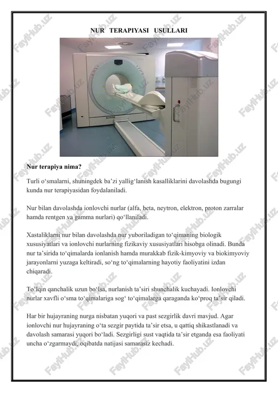 bezlaridagi, shuningdek bosh miyadagi xavfli o‘smalarni davolashda nur terapiyasi mustaqil davo chorasi sifatida tavsiya etiladi. o‘smalarni nur bilan davolashda asosan ikki xil nur manbalaridan foydalaniladi. ya’ni: 1.zaryadlangan zarralar tezlatgichlari (rentgen asboblar, siklik va chiziqli tezlatgichlar). 2.sun’iy radioaktiv moddalar (gamma moslamalar, radioaktiv moddalar). nur bilan davolashning ikki xil: tashqi (distansion) va ichki (kontaktli) yo‘nalishi mavjud. amaliyotda tashqi nur berish ko‘proq qo‘llaniladi. ta’kidlash joizki, nur terapiyasi davolashda samara bersa-da, nohush asoratlar ham qoldirishi mumkin. masalan bachadon bo‘yni saratoniga qarshi nur terapiyasidan foydalanilganda ayollarda sistit (siydik qopining yallig‘lanishi) kasalligi kelib chiqadi. bosh miya o‘smalariga qarshi nur yuborilganda esa miyada shish bo‘lishi kuzatiladi. nur davosi samaradorligini oshirish, noxush asoratlarini kamaytirish uchun bemorlar radiolog shifokorlar tomonidan puxta tekshiriladi va nur davosi muolajalariga maxsus tayyorlanadi. nur bilan davolash mustaqil tarzda yoki boshqa maxsus davolash muolajalari bilan birga olib boriladi. agar nur terapiya jarrohlik amaliyoti bilan birga qo‘llanilsa, bemorga nur yo operatsiyadan oldin, yoki keyin beriladi. nur …
