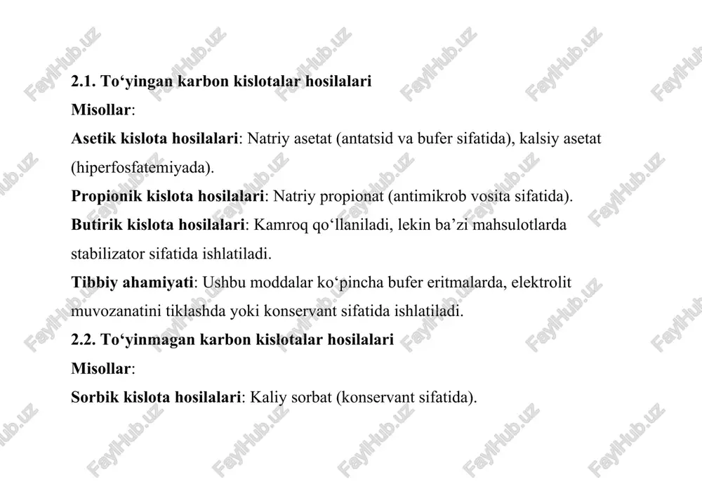 nlarda qo‘llaniladi). sitrul kislota hosilalari: natriy sitrat (antikoagulyant va bufer sifatida). tibbiy ahamiyati: qon koagulyatsiyasini boshqarish va ph muvozanatini saqlashda muhim. evropa farmakopeyasida tahlil usullari ph. eur. alifatik karbon kislotalar hosilalarining sifatini nazorat qilish uchun quyidagi tahlil usullarini belgilaydi: 3.1. identifikatsiya infrared spektroskopiya (ir): karboksil guruhining xarakterli tebranish chastotalarini aniqlash (masalan, 1700 sm⁻¹ atrofida c=o tebranishi). misol: natriy asetatning ir spektri orqali uning tuzilishini tasdiqlash. kimyoviy testlar: ma’lum ionlar (na⁺, k⁺) uchun alanga testlari yoki maxsus reaktivlar bilan reaksiyalar. misol: natriy sitratning natriy ionlari uchun alanga testida sariq rang hosil qilishi. 3.2. tozalik tahlili og‘ir metallarni aniqlash: atom absorbsion spektroskopiyasi (aas) yoki induktiv bog‘langan plazma mass-spektrometriyasi (icp-ms) yordamida pb, cd, hg kabi og‘ir metallarni aniqlash. chegaralar: masalan, ph. eur. bo‘yicha pb < 10 ppm. organik iflosliklar: yuqori samarali suyuqlik xromatografiyasi (hplc) orqali qoldiq erituvchilar yoki degradatsiya mahsulotlarini aniqlash. misol: asetik kislota hosilalarida formik kislota iflosligini hplc bilan aniqlash. 3.3. miqdoriy …