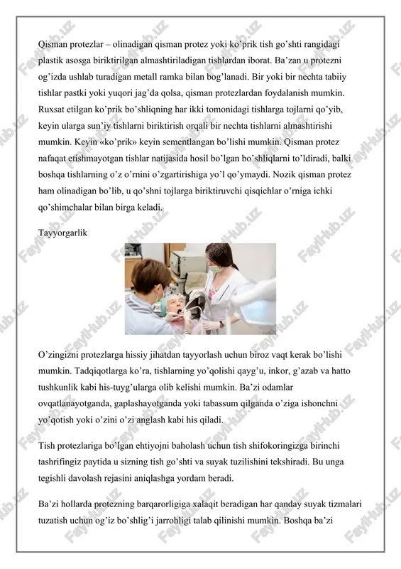 . bir yoki bir nechta tabiiy tishlar pastki yoki yuqori jag’da qolsa, qisman protezlardan foydalanish mumkin. ruxsat etilgan ko’prik bo’shliqning har ikki tomonidagi tishlarga tojlarni qo’yib, keyin ularga sun’iy tishlarni biriktirish orqali bir nechta tishlarni almashtirishi mumkin. keyin «ko’prik» keyin sementlangan bo’lishi mumkin. qisman protez nafaqat etishmayotgan tishlar natijasida hosil bo’lgan bo’shliqlarni to’ldiradi, balki boshqa tishlarning o’z o’rnini o’zgartirishiga yo’l qo’ymaydi. nozik qisman protez ham olinadigan bo’lib, u qo’shni tojlarga biriktiruvchi qisqichlar o’rniga ichki qo’shimchalar bilan birga keladi. tayyorgarlik o’zingizni protezlarga hissiy jihatdan tayyorlash uchun biroz vaqt kerak bo’lishi mumkin. tadqiqotlarga ko’ra, tishlarning yo’qolishi qayg’u, inkor, g’azab va hatto tushkunlik kabi his-tuyg’ularga olib kelishi mumkin. ba’zi odamlar ovqatlanayotganda, gaplashayotganda yoki tabassum qilganda o’ziga ishonchni yo’qotish yoki o’zini o’zi anglash kabi his qiladi. tish protezlariga bo’lgan ehtiyojni baholash uchun tish shifokoringizga birinchi tashrifingiz paytida u sizning tish go’shti va suyak tuzilishini tekshiradi. bu unga tegishli davolash rejasini aniqlashga yordam beradi. ba’zi …