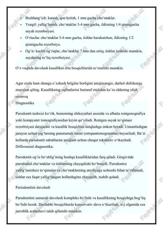 ar 7 mm dan ortiq, tishlar tushishi mumkin, suyakning to‘liq rezorbsiyasi. o‘z vaqtida davolash kasallikni erta bosqichlarida to‘xtatishi mumkin. agar sizda ham shunga o`xshash belgilar borligini aniqlasangiz, darhol shifokorga murojaat qiling. kasallikning oqibatlarini bartaraf etishdan ko`ra oldening olish osonroq diagnostika parodontit tashxisi ko‘rik, bemorning shikoyatlari asosida va albatta rentgenografiya yoki kompyuter tomografiyasidan keyin qo‘yiladi. rentgen suyak to‘qimasi rezorbsiyasi darajasini va kasallik bosqichini aniqlashga imkon beradi. umumlashgan jarayon uchun jag‘larning panoramali surati (ortopantomogramma) buyuriladi. ba’zi hollarda parodontit sabablarini aniqlash uchun chuqur tekshiruv o‘tkaziladi. differensial diagnostika: parodontit og‘iz bo‘shlig‘ining boshqa kasalliklaridan farq qiladi. gingivitda parodontal cho‘ntaklar va tishlarning chayqalishi bo‘lmaydi. parodontoz yallig‘lanishsiz to‘qimalar va cho‘ntaklarning atrofiyaga uchrashi bilan ta’riflanadi, tishlar esa faqat yallig‘langan hollardagina chayqalib, tushib qoladi. periodontitni davolash parodontitni samarali davolash kompleks bo‘lishi va kasallikning bosqichiga bog‘liq bo‘lishi kerak. dastlabki bosqichlarda konservativ davo o‘tkaziladi, avj olganida esa jarrohlik aralashuvi talab qilinishi mumkin. konservativ davolash: · tish cho‘kindilarini olib tashlash: mexanik, ultratovush …