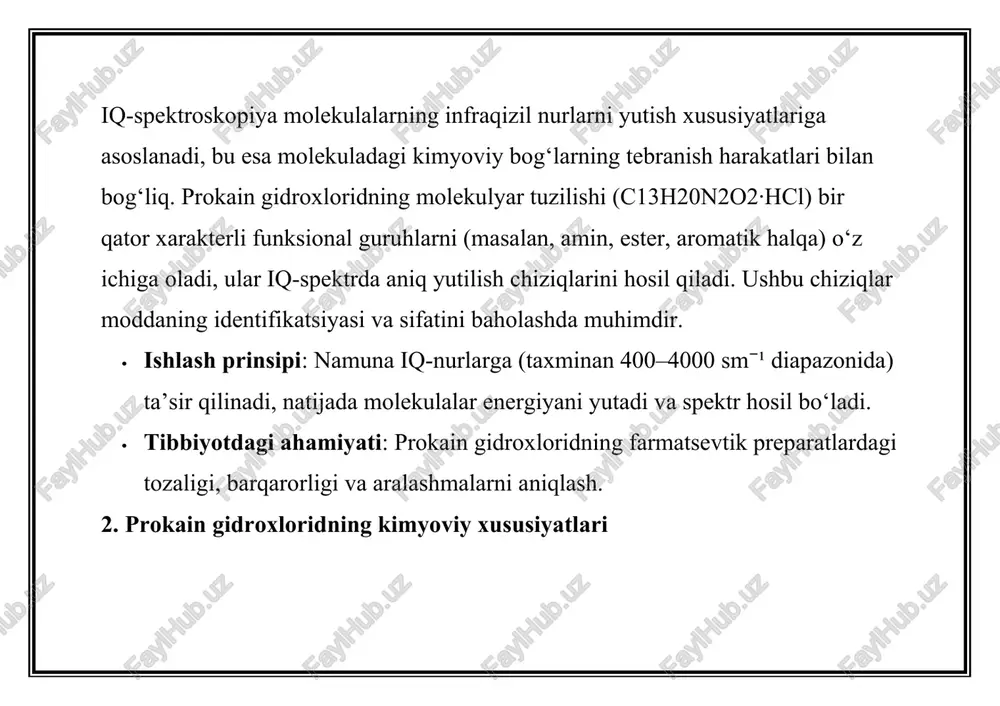 m⁻¹: c=o tebranishlari (ester guruhi). · 1600–1500 sm⁻¹: aromatik halqaning c=c tebranishlari. · 1200–1300 sm⁻¹: c–o tebranishlari (ester guruhi). 3. iq-spektroskopiyaning prokain gidroxlorid tahlilidagi qo‘llanilishi iq-spektroskopiya prokain gidroxloridni tahlil qilishda quyidagi maqsadlar uchun ishlatiladi: a) identifikatsiya · maqsadi: prokain gidroxloridning farmatsevtik preparatlardagi mavjudligini tasdiqlash. · jarayon: namuna iq-spektrini standart prokain gidroxlorid spektriga solishtiriladi. xarakterli yutilish chiziqlarining mosligi moddaning haqiqiyligini tasdiqlaydi. · tibbiyotdagi ahamiyati: soxta yoki sifatsiz dorilarni aniqlash, bu bemor xavfsizligi uchun muhim. b) sifat nazorati · maqsadi: farmatsevtik mahsulotlarda prokain gidroxloridning tozaligi va aralashmalarni aniqlash. · jarayon: iq-spektrda qo‘shimcha yutilish chiziqlari (masalan, degradatsiya mahsulotlari yoki boshqa moddalar) mavjudligi tekshiriladi. masalan, prokain gidroxloridning gidrolizi natijasida hosil bo‘ladigan p-aminobenzoik kislota 1680–1700 sm⁻¹ da qo‘shimcha chiziq berishi mumkin. · tibbiyotdagi ahamiyati: preparatning barqarorligini va saqlash muddatini baholash, shuningdek, toksik aralashmalarni aniqlash. c) miqdoriy tahlil (cheklangan hollarda) · maqsadi: prokain gidroxloridning konsentratsiyasini aniqlash. · jarayon: fourier-transformali iq-spektroskopiya (ftir) yordamida xarakterli chiziqlarning intensivligi o‘lchanadi …