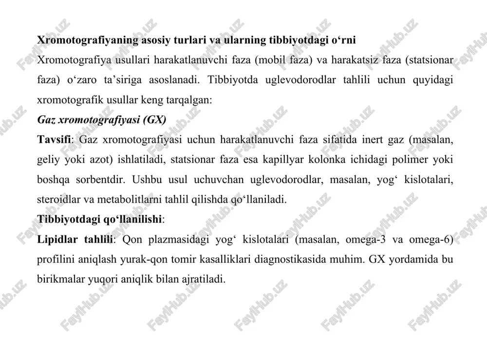 lan ishlash imkoniyati. cheklovlari: faqat uchuvchan birikmalar uchun mos, shuning uchun namunani derivatizatsiya qilish talab qilinishi mumkin. b) suyuq xromotografiyasi (sx) tavsifi: suyuq xromotografiyada harakatlanuvchi faza sifatida suyuqlik (suv, organik erituvchilar yoki ularning aralashmasi), statsionar faza esa silika yoki polimer asosidagi material ishlatiladi. yuqori samarali suyuq xromotografiya (ysx, hplc) tibbiyotda eng keng tarqalgan. tibbiyotdagi qo‘llanilishi: steroidlar tahlili: qon yoki siydikdagi kortizol, testosteron kabi uglevodorodli steroid gormonlar miqdorini aniqlash endokrin kasalliklar diagnostikasida muhim. farmakokinetika: dori vositalarining uglevodorodli metabolitlarini (masalan, xolesterin sintezini inhibit qiluvchi statinlar) tahlil qilish. vitaminlar tahlili: yog‘da eriydigan d va e vitaminlari kabi uglevodorodli birikmalar ysx yordamida aniqlanadi, bu vitamin yetishmovchiligini baholashda foydalidir. afzalliklari: keng turdagi birikmalar, shu jumladan uchuvchan bo‘lmagan uglevodorodlarni tahlil qilish imkoniyati, yuqori aniqlik va moslashuvchanlik. cheklovlari: tahlil vaqti gaz xromotografiyasiga nisbatan uzoqroq bo‘lishi mumkin. c) ingichka qatlam xromotografiyasi (iqx) tavsifi: bu oddiyroq usul bo‘lib, statsionar faza sifatida silika yoki alyumin oksidi bilan qoplangan plastinka ishlatiladi. …