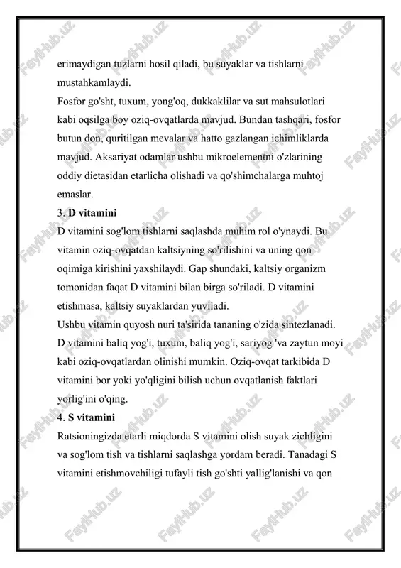 um, baliq yog'i, sariyog 'va zaytun moyi kabi oziq-ovqatlardan olinishi mumkin. oziq-ovqat tarkibida d vitamini bor yoki yo'qligini bilish uchun ovqatlanish faktlari yorlig'ini o'qing. 4. s vitamini ratsioningizda etarli miqdorda s vitamini olish suyak zichligini va sog'lom tish va tishlarni saqlashga yordam beradi. tanadagi s vitamini etishmovchiligi tufayli tish go'shti yallig'lanishi va qon ketishi mumkin. buning oldini olish uchun s vitamini o'z ichiga olgan ovqatlarni iste'mol qiling. yaxshi manbalarga tsitrus mevalari, rezavorlar, olma, maydanoz, arpabodiyon, karam va boshqa sabzavotlar va mevalar kiradi. 5. a vitamini a vitamini ko'pincha yaxshi ko'rish bilan bog'liq. og'iz bo'shlig'i salomatligi uchun foydaliroq emas. tanada uning yetishmovchiligi bo‘lsa, tishlar bo‘shashib, milklar og‘riydi. bu vitamin ikki shaklda mavjud: a vitaminining o'zi (retinol) va provitamin a (karotin), inson organizmida a vitaminiga aylanadigan modda. retinol go'sht, parrandachilik, sut mahsulotlari va boshqa chorvachilik mahsulotlarida mavjud. karotin apelsin va yashil sabzavotlar va mevalarda mavjud; organizmda u a vitaminining faol shakli retinolga …