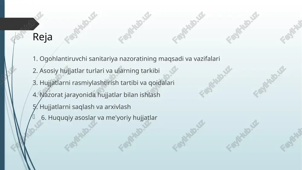 gohlantiruvchi sanitariya nazoratining muhim tarkibiy qismidir. ular nazoratning maqsadlari, vazifalari va muddatlarini aniq belgilab beradi. rejalarda nazorat qilinadigan obyektlar va ularning xususiyatlari ko`rsatiladi. rejalarda nazoratning usullari va vositalari ham belgilanadi. yaxshi tuzilgan nazorat rejasi nazoratning samaradorligini oshiradi. reja aniq va tushunarli bo`lishi kerak. u nazoratning barcha bosqichlarini o`z ichiga olishi kerak. reja o`z vaqtida tuzilishi va bajarilishi muhimdir. rejada kutilgan natijalar ham ko`rsatilishi kerak. rejaning bajarilishi muntazam ravishda kuzatib boriladi. nazorat rejalari va ularning tuzilishi tekshiruv aktlari ogohlantiruvchi sanitariya nazorati natijalarini rasmiylashtirish uchun ishlatiladi. aktlarda tekshiruvning maqsadi, vaqti va joyi ko`rsatiladi. aktlarda aniqlangan kamchiliklar va ularning sabablari batafsil bayon etiladi. aktlarda tegishli tavsiyalar va choralar ko`rsatiladi. aktlar tekshiruvga jalb qilingan shaxslar tomonidan imzo qo`yiladi. aktlarning to`g`ri tuzilishi va rasmiylashtirilishi juda muhimdir. aktlar qonun hujjatlariga muvofiq bo`lishi kerak. aktlar aniq va tushunarli bo`lishi kerak. aktlar saqlash muddatiga ega. aktlarning asl nusxasi tegishli tashkilotda saqlanadi. tekshiruv aktlari va ularning rasmiylashtirilishi laboratoriya tahlillari …