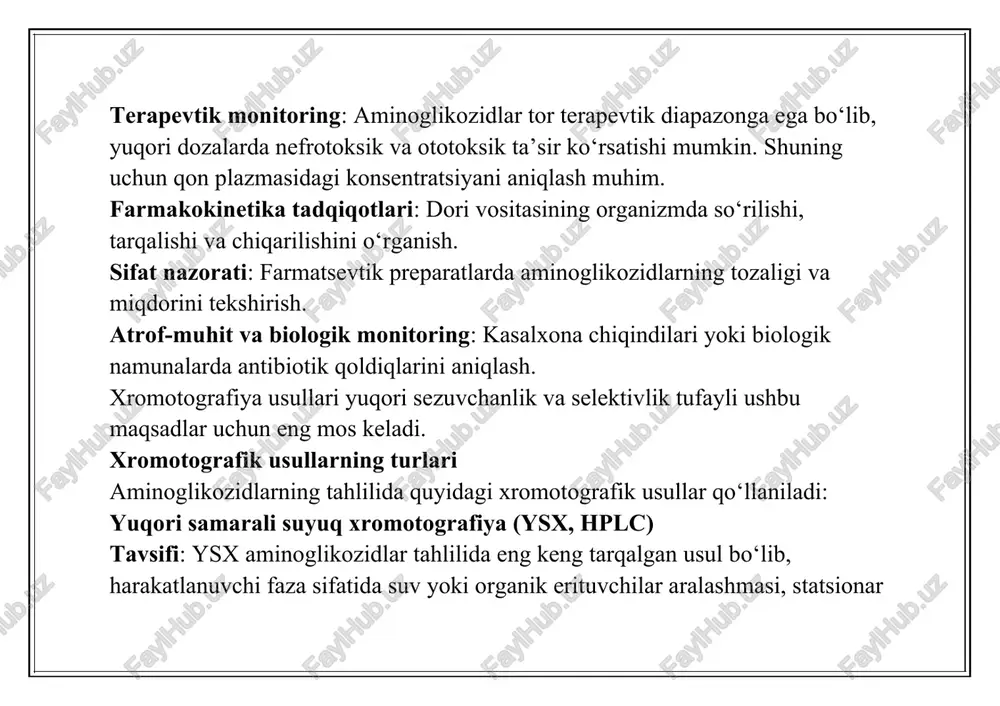 erituvchilar aralashmasi, statsionar faza sifatida esa silika yoki ion almashinuvchi materiallar ishlatiladi. aminoglikozidlarning polyar xususiyati tufayli ion-juft xromotografiyasi yoki gidrofil o‘zaro ta’sir xromotografiyasi (hilic) ko‘pincha qo‘llaniladi. tibbiyotdagi qo‘llanilishi: terapevtik dori monitoringi (tdm): qon serumidagi gentamitsin, tobramitsin yoki amikatsin konsentratsiyasini aniqlash, bu septikemiya yoki pnevmoniya kabi og‘ir infektsiyalarni davolashda dozani optimallashtirish uchun muhim. farmakokinetika: ysx yordamida aminoglikozidlarning yarim yemirilish davri va klirensi o‘rganiladi, bu ayniqsa buyrak funktsiyasi buzilgan bemorlar uchun muhim. sifat nazorati: farmatsevtik preparatlarda (injektsiyalar, malhamlar) faol modda va aralashmalarni aniqlash. texnik xususiyatlari: detektorlar: aminoglikozidlarning ultrabinafsha (uv) nurlarni yutish qobiliyati past bo‘lgani uchun odatda derivatizatsiya (masalan, o-fitaldialdehid bilan) qilinadi yoki evaporativ yorug‘lik sochilish detektori (elsd) va mass-spektrometriya (ms) qo‘llaniladi. ion-juft reagentlari: triftoruksus kislota yoki heptafluorobutirik kislota kabi reagentlar polyar birikmalarni ajratishni yaxshilaydi. afzalliklari: yuqori aniqlik, keng turdagi biologik namunalar bilan ishlash imkoniyati, avtomatlashtirish. cheklovlari: namunani tayyorlash (derivatizatsiya) vaqt talab qiladi, uskunalar qimmat. b) suyuq xromotografiya-mass-spektrometriya (sx-ms) tavsifi: sx-ms ysx-ni mass-spektrometriya …
