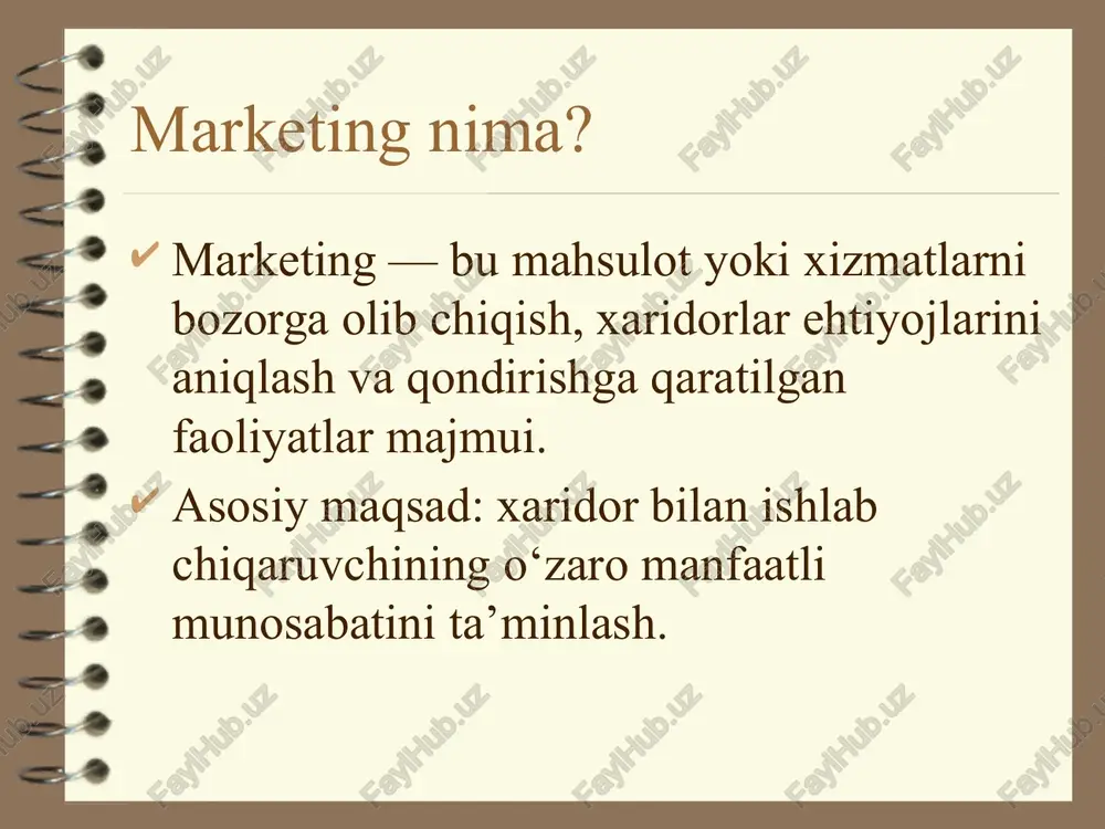 ordagi faoliyat bilan bog'liq marketing vazifalari - ehtiyojni qondirishni ta'minlash, ehtiyojni yaratish, ehtiyojni rivojlantirish. 2. korxona sohasi bilan bog'liq marketing vazifalari - tadqiqot va ishlanmalar strategiyasini muvofiqlashtirish, tovarlarni ishlab chiqarish va saqlash, shuningdek, sotish va moliyalashtirish. marketing vazifalari 3. atrof-muhit va ijtimoiy shakllanishlar bilan bog'liq marketing vazifalari - bozor kommunikatsiyalarining ortiqcha xarajatlarini kamaytirish, ishonchsiz tovarlarni yo'q qilish, reklama vositalarining manipulyatsiyasiga qarshi kurashish. marketing vazifalari marketing vazifalariga quyidagilar kiradi: 1) real va potentsial xaridorlarning ehtiyojlarini o'rganish, tahlil qilish, baholash; 2) yangi mahsulotni (xizmatni) ishlab chiqishda yordam berish; 3) xizmat ko'rsatishni ta'minlash; 4) marketing kommunikatsiyalari; 5) real va potentsial bozorlar holatini tadqiq etish, tahlil qilish, baholash va prognozlash; 6) raqobatchilar faoliyatini o'rganish; 7) tovarlarni (xizmatlarni) sotish; 8) assortiment siyosatini shakllantirish; 9) kompaniyaning narx siyosatini shakllantirish va amalga oshirish; 10) kompaniyaning xulq-atvor strategiyasini shakllantirish. xulosa istemolchilar talabiga asoslangan marketing – bozordagi muvaffaqiyat kaliti. strategiya xaridor ehtiyojlarini chuqur o‘rganishga va ularni qondirishga yo‘naltirilgan bo‘lishi …