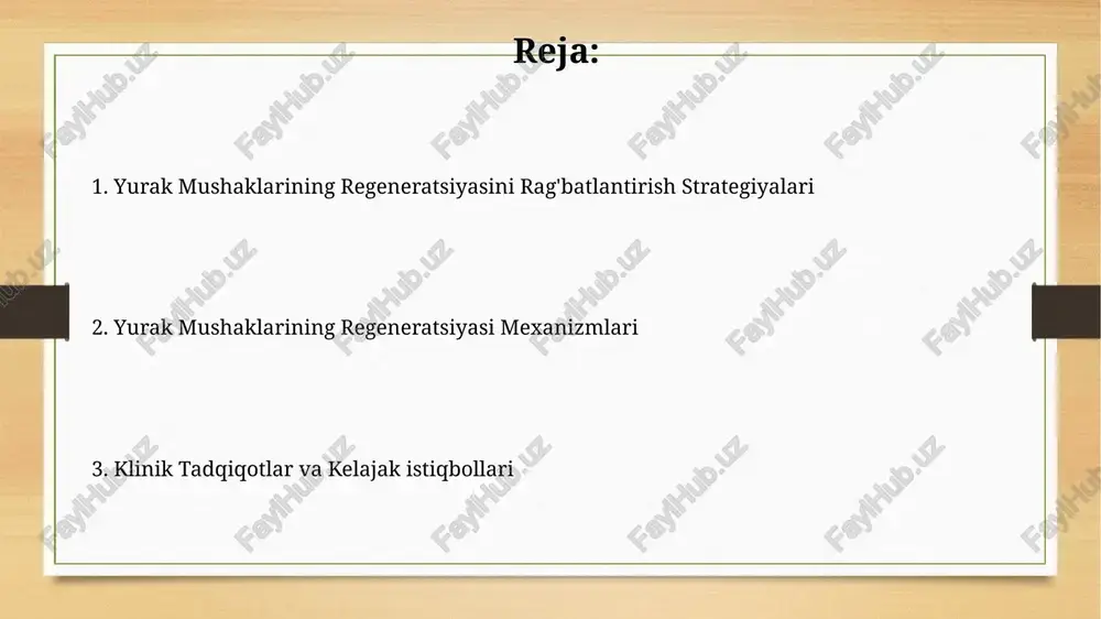 liq ta'mirlanishiga yordam beradi. yurak poyasi hujayralari (yph), yurak mushagining ta'mirlanishida muhim rol o'ynaydi va ularning soni odamda taxminan 1% ni tashkil etadi, bu esa regeneratsiya jarayonini cheklaydi. regeneratsiya jarayonining xususiyatlari myokard infarktidan keyingi regeneratsiya jarayonida, taxminan 2-4 hafta davomida, fibroz to'qima hosil bo'ladi va bu jarayon yaponiya olimlarining tadqiqotlarida batafsil o'rganilgan. yurak mushagining regeneratsiyasi jarayoni, odatda, sutemizuvchilarda juda cheklangan bo'lib, faqat 1% ga yaqin hujayralar o'z-o'zini tiklay oladi, ammo ba'zi baliq turlarida, masalan, zebra baliqlarida, bu ko'rsatkich ancha yuqori. regeneratsiyani rag'batlantirishning zamonaviy usullari yurak mushagi regeneratsiyasini rag'batlantirishda yaponiya olimlari tomonidan 2023-yilda taklif qilingan 3d bioprinter yordamida yaratilgan scaffolds'lardan foydalanish 85% gacha muvaffaqiyat ko'rsatkichiga ega bo'ldi. germaniyaning geydelberg universiteti klinikasida 2022 yilda o'tkazilgan klinik sinovlarda, yurak mushagi shikastlanishiga qarshi hujayra terapiyasi bilan birga, fizikaviy mashqlarni qo'llash natijasida bemorlarda qon aylanishining 30% ga yaxshilanishi kuzatildi. dori-darmonlar va kimyoviy moddalarni qo'llash germaniyada ishlab chiqarilgan "cardioregen-300" preparati, hujayra o'sish omillarining 3 ta turini …