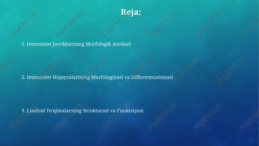 aga ega bo'lib, immunitet javoblarida muhim rol o'ynaydi. immunitet tizimining morfologik tuzilmalari immunitet tizimining asosiy morfologik tuzilmalari, ya'ni limfa tugunlari, taloq va timus bezlari 1000 dan ortiq turdagi immun hujayralarni saqlaydi va ularning o'zaro ta'sirini ta'minlaydi, bu esa 37°c haroratda optimal immun javobini keltirib chiqaradi. peyer plastinachalari, ingichka ichak devorlarida joylashgan limfoid to'qimalar, 500 milliard dan ortiq bakteriyalarni aniqlash va yo'q qilishda ishtirok etadi, shuningdek, o'simlik va hayvon oqsillariga qarshi immunitetni shakllantirishda muhim rol o'ynaydi. limfoid to'qimalarning roli peyer plastalari, ingichka ichakning shilliq qavatida joylashgan limfoid to'qima tuzilmalari, 100 ga yaqin immun hujayralarini o'z ichiga olganligi bilan ovqat hazm qilish tizimidagi immunitetda muhim rol o'ynaydi. timus bezining korteksi va medullasi, t-limfotsitlarning yetuklashuvi va differensiatsiyasi uchun muhim bo'lib, taxminan 10¹⁰ t-hujayralarini yetiltirishga qodir va immunitetning rivojlanishida asosiy hissa qo'shadi. antigen taqdim qiluvchi hujayralar atx lar, shu jumladan makrofaglar, to'qimalarda infektsiyaga javoban 24 soat ichida yallig'lanish joyiga ko'chib o'tib, antigen taqdimotini amalga …