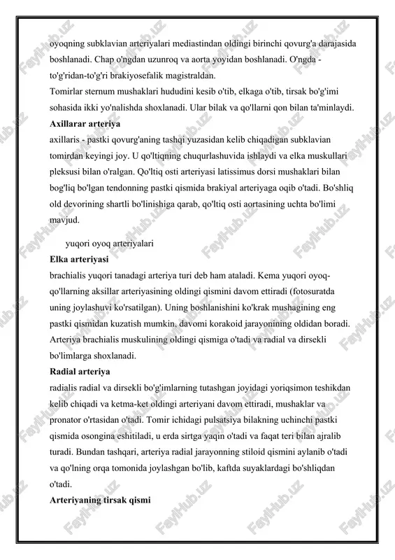 ri hududini kesib o'tib, elkaga o'tib, tirsak bo'g'imi sohasida ikki yo'nalishda shoxlanadi. ular bilak va qo'llarni qon bilan ta'minlaydi. axillarar arteriya axillaris - pastki qovurg'aning tashqi yuzasidan kelib chiqadigan subklavian tomirdan keyingi joy. u qo'ltiqning chuqurlashuvida ishlaydi va elka muskullari pleksusi bilan o'ralgan. qo'ltiq osti arteriyasi latissimus dorsi mushaklari bilan bog'liq bo'lgan tendonning pastki qismida brakiyal arteriyaga oqib o'tadi. bo'shliq old devorining shartli bo'linishiga qarab, qo'ltiq osti aortasining uchta bo'limi mavjud. yuqori oyoq arteriyalari elka arteriyasi brachialis yuqori tanadagi arteriya turi deb ham ataladi. kema yuqori oyoq-qo'llarning aksillar arteriyasining oldingi qismini davom ettiradi (fotosuratda uning joylashuvi ko'rsatilgan). uning boshlanishini ko'krak mushagining eng pastki qismidan kuzatish mumkin, davomi korakoid jarayonining oldidan boradi. arteriya brachialis muskulining oldingi qismiga o'tadi va radial va dirsekli bo'limlarga shoxlanadi. radial arteriya radialis radial va dirsekli bo'g'imlarning tutashgan joyidagi yoriqsimon teshikdan kelib chiqadi va ketma-ket oldingi arteriyani davom ettiradi, mushaklar va pronator o'rtasidan o'tadi. tomir ichidagi pulsatsiya …