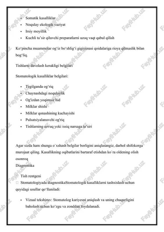 gik kasalliklarni tashxislash uchun quyidagi usullar qo‘llaniladi: · vizual tekshiruv: stomatolog kariyesni aniqlash va uning chuqurligini baholash uchun ko‘zgu va zonddan foydalanadi. · kariyes-markerlar: bo‘yovchi tarkib faqat shikastlangan joylarni bo‘yash uchun tish ustiga surtiladi. · rentgenogramma: chuqur kariyesni va tishning ichki shikastlanishini aniqlashga imkon beradi. · termodiagnostika: og‘riqni aniqlash uchun tishga issiq yoki sovuq suv bilan ishlov berish. · elektrodontometriya: tish pulpasining holatini baholash uchun elektr tokidan foydalanadi. · translyuminessensiya: kariyesga ishora qiluvchi qora dog‘larni aniqlash uchun tishlarni yorqin yorug‘lik bilan yoritish. · fissurotomiya: kariyes chuqurligini baholash uchun fissur sohasida emal ochish. tishlarni davolashning zamonaviy usullari tishlarni davolashning zamonaviy usullari · lazer bilan davolash: kariyesni olib tashlash va bo‘shliqni lazer bilan sterillash. jarayon og‘riqsiz va sog‘lom to‘qimalarni saqlab qoladi. · ozonoterapiya: ozon bakteriyalarni o‘ldiradi va karioz bo‘shliqlarni mexanik aralashuvsiz tozalaydi. stomatologiyada narkoz mahalliy og‘riqsizlantirish vositalari: · applikatsiya: milk uchun gel. · infiltratsion: milkka ukol qilish. · o‘tkazgich: uch shoxli nerv …