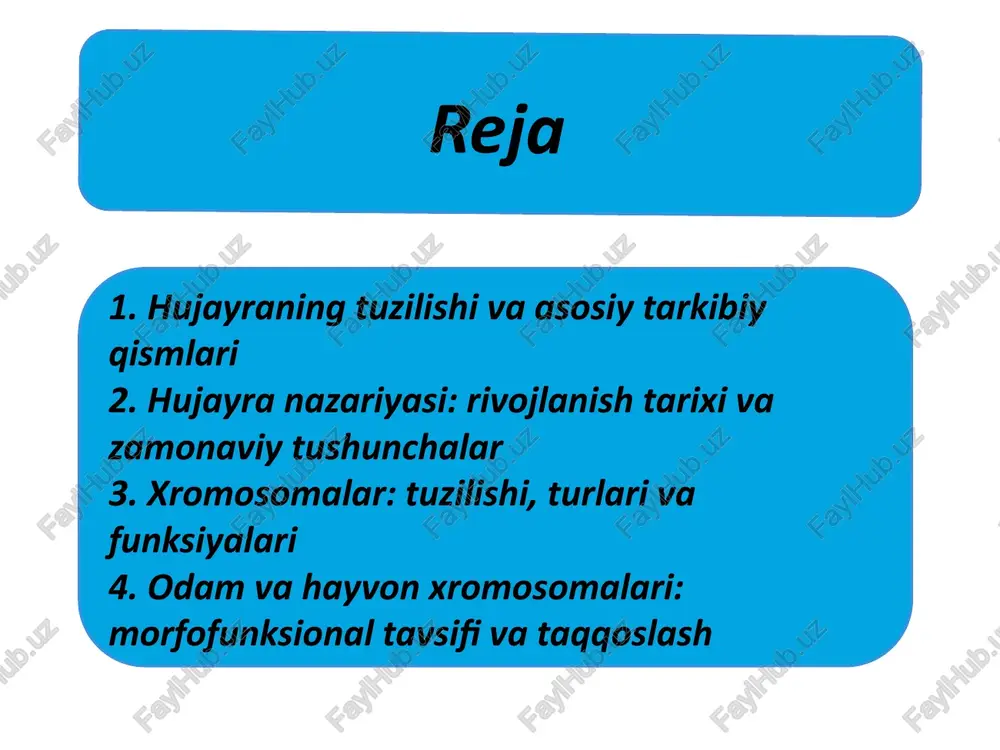 islotalarni oksidlaydi. ✅ yadro — genetik material (dnk) saqlanadi, hujayra faoliyatini va bo‘linishini boshqaradi. hujayra nazariyasi biologiya fanining asosiy g‘oyalaridan biridir. u quyidagi bosqichlarda shakllangan: 1665-yil: robert guk (r. hooke) mikroskop ostida kork daraxtining ingichka bo‘lagini kuzatib, “cellula” — ya’ni hujayra atamasini fanga kiritgan. xviii asr oxiri – xix asr boshlarida: mikroskoplar takomillashishi bilan hujayralarning murakkab tuzilishi o‘rganila boshlandi. 1838-yil: matias shleyden (o‘simliklar bo‘yicha olim) o‘simliklar hujayralardan tashkil topganini aniqladi. 1839-yil: teodor shvann (hayvonlar bo‘yicha olim) hayvon organizmlari ham hujayralardan tashkil topganini isbotladi. 1855-yil: rudolf virxov “har bir hujayra – oldingi hujayradan kelib chiqadi” (“omnis cellula e cellula”) degan mashhur fikrni ilgari surdi. hujayra nazariyasining asosiy tamoyillari: ✅ barcha tirik organizmlar bitta yoki bir nechta hujayralardan iborat. ✅hujayra — organizmning eng kichik tuzilmaviy va funksional birligi. ✅ har bir hujayra o‘zining ichki hayotiy jarayonlariga ega (moddalar almashinuvi, energiya ishlab chiqarish, ko‘payish). ✅ yangi hujayralar faqat mavjud hujayralarning bo‘linishi natijasida vujudga …