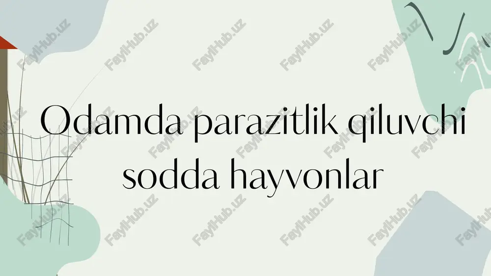 qali. parazit: trichomonas vaginalis kasallik: trichomonoz. odam organizmida lokalizatsiya: tanosil yo‘llari. tarqalish: jinsiy aloqa orqali. plasmodium: chivin odamni chaqadi → qon orqali jigarga o‘tadi → qizil qon hujayralariga ko‘payadi → boshqa chivin chaqishi orqali tarqaladi. belgilar: haroratning ko‘tarilishi, titrash, bosh og‘rig‘i. entamoeba histolytica: tsista shaklida ichakda faol shaklga aylanadi → ichakni zararlaydi → najas orqali tashqariga chiqadi. belgilar: qon va shilliq aralash ich ketishi. mashhur parazitlarning hayot sikli va zarari zararli ta’sirlari immunitetning pasayishi. organlar faoliyatining buzilishi (masalan, jigar yoki ichakning yallig‘lanishi). bolalarda rivojlanishning sekinlashishi. chivindan himoyalanish (to‘rlar, repellentlar ishlatish). mushuk va boshqa hayvonlar bilan aloqada ehtiyot bo‘lish. jamoat joylarida gigiena qoidalariga amal qilish. himoya vositalari gigiena qoidalari parazitlardan himoyalanish choralari qo‘llarni muntazam yuvish (xususan, ovqatlanishdan oldin va keyin). yaxshi termik ishlovdan o‘tgan oziq-ovqat iste’mol qilish. faqat tozalangan suv ichish. diagnostika usullari ichak parazitlarini aniqlash uchun najas tahlili. qon tahlillari (malariya va toksoplazmoz uchun). mikroskopik tahlil va molekulyar diagnostika. davolash …