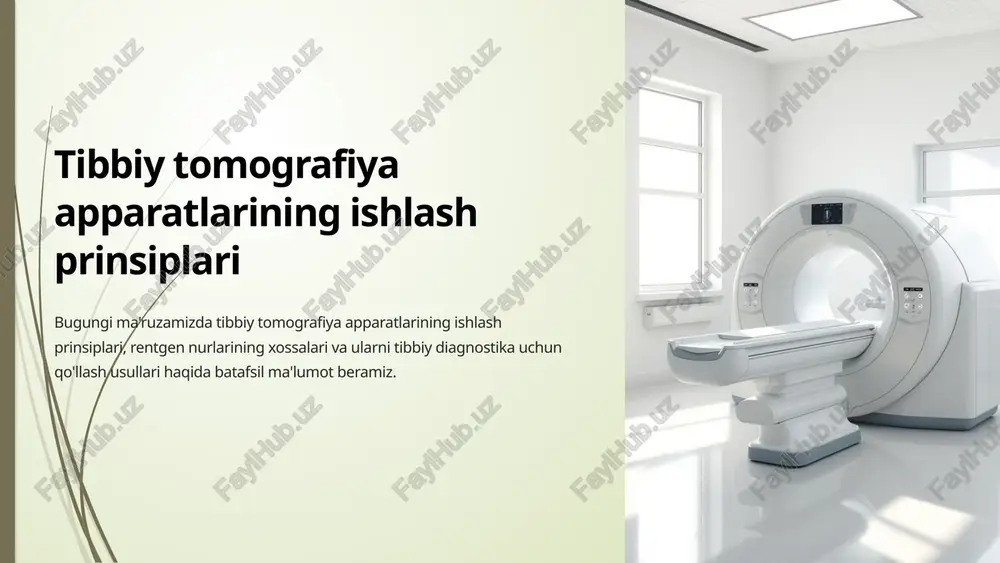 lib, ketma-ketlikda bir nechta tasvirlar yaratiladi va ularning barchasi kompyuter yordamida birlashtiriladi, shunda yuqori aniqlikdagi uch o'lchovli tasvir hosil bo'ladi. yuqori aniq va tezkor tasvirlar: tibbiy tomografiya, xususan, organlar va to'qimalarning yuqori aniqlikdagi tasvirlarini olishda qo'llaniladi. bu usul orqali shikastlanishlar, shishlar, infeksiyalar, qon ketishlari va boshqa ko'plab kasalliklarni tez va aniq aniqlash mumkin. rentgen nurlarining xossalari va qo'llanilishi elektromagnit to'lqinlar rentgen nurlari elektromagnit to'lqinlardir, ular yorug'likdan ko'ra energiyasi yuqori. to'qimalarni kesib o'tish ular turli xil to'qimalarni kesib o'tishlari mumkin, shuning uchun ularni tibbiy tasvirlashda qo'llash mumkin. qo'llanilishi rentgen nurlari suyaklarni tekshirish, saratonni aniqlash va boshqa tibbiy muammolarni tashxislashda ishlatiladi. 6 rentgen nurlari — elektromagnit spektrining qisqa to'lqinli va yuqori chastotali nurlari bo'lib, ularning uzunligi 0.01 nm dan 10 nm gacha bo'ladi. rentgen nurlari, ko'plab ilmiy va tibbiy sohalarda qo'llaniladi. ular yuqori energiyaga ega bo'lib, moddiy muhit orqali kirib, o'zgarishga uchragan holda aks etadi yoki so'nadi. rentgen nurlari 1895 yilda nemis …