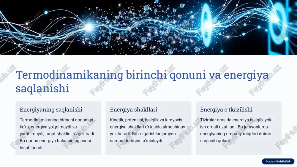 otishlar yuzaga keladi. real tizimlar isish va ish bajarish jarayonlari energiyani pasaytiradi 4 ergometriya: ishning o'lchovi va tahlili o‘lchov usullari ergometriya ishni o‘lchashga yo‘naltirilgan bo‘lib, maxsus asboblar yordamida energiya sarfi va ish hajmini aniqlaydi. tahlil qilish olingan ma’lumotlar jarayon samaradorligini baholash, energiya yo‘qotishlarini aniqlash va optimallashtirish uchun ishlatiladi. ilmiy tadqiqotlar ergometriya orqali biologik va fizik tizimlarda energiya konversiyasi va ishlash mexanizmlarini o‘rganish mümkün. 5 biologik tizimlarda ergometriya metabolizm va energiya biologik tizimlar ish bajarishda kimyoviy energiyani mexanik energiyaga aylantiradi, ergometriya esa bu jarayonlarni o‘lchaydi va tahlil qiladi. 1 organizmning javobi jismoniy faoliyat paytida organizmning energiya sarfi va tebranishlarining o‘zgarishi aniqlanadi, sog‘liq monitoringi uchun muhimdir. 2 tibbiyot va reabilitatsiya ergometriya usullari kasallik diagnostikasi va jismoniy reabilitatsiya dasturlarida samaradorlikni oshirish uchun qo‘llaniladi. 3 6 jismoniy mashqlarda energiya sarfi va samaradorlik energiya sarfi harakat paytida inson tanasi qaysi darajada energiya sarflayotganini ergometriya yordamida o‘lchash mumkin. samaradorlik nazorati jismoniy mashqlar samaradorligini aniqlash, maqsadga muvofiq …