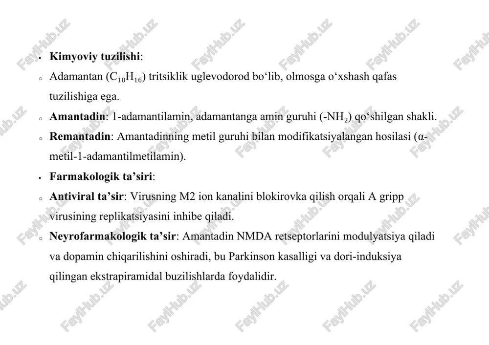arajasini oshirish uchun ba’zi hollarda qo‘llaniladi. · dozasi: odatda 100–200 mg/kun, og‘iz orqali qabul qilinadi. 3.2. remantadin · antiviral sifatida: · a gripp virusiga qarshi profilaktika va davolashda qo‘llaniladi. · amantadinga nisbatan yaxshiroq farmakokinetik profilga ega (yuqori bioabsorbsiya va uzoqroq yarim yemirilish davri). · afzalligi: amantadinga qaraganda neyrologik yon ta’sirlari (masalan, bosh aylanishi, uyqusizlik) kamroq. · dozasi: odatda 100 mg kuniga ikki marta, grippning dastlabki bosqichlarida qo‘llaniladi. · cheklovlar: a gripp viruslarining remantadinga qarshi rezistentligi (ayniqsa, h3n2 shtammlari) qo‘llanilishni cheklagan. 4. farmatsevtik tahlil usullari adamantanlar guruhidagi dori moddalarining sifatini nazorat qilish uchun ph. eur. va usp monograflarında keltirilgan quyidagi tahlil usullari qo‘llaniladi: 4.1. identifikatsiya · infrared spektroskopiya (ir): · adamantan tuzilishidagi c-h tebranishlari (2900–3000 sm⁻¹) va amin guruhining n-h tebranishlari (3300–3500 sm⁻¹) aniqlanadi. · misol: amantadin gidroxloridning ir spektri uning tuzilishini tasdiqlaydi. · kimyoviy testlar: · amantadin va remantadin gidroxloridlari gidroxid bilan reaksiyaga kirishib, erkin amin hosil qiladi, bu esa …