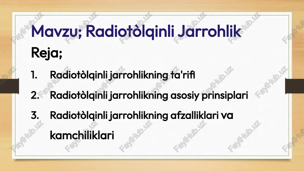 qinlar energiyasini ishlatadi. ushbu to'lqinlar ma'lum bir chastotada chiqariladi va maqsadli to'qimalarga ta'sir qiladi. qizdirish va yo'q qilish radiotòlqinlar to'qimalarni qizdiradi va bu to'qimalarning yo'qolishiga olib keladi. bu jarayon juda aniq va nazorat qilinadigan bo'lishi mumkin. minimal invazivlik radiotòlqinli jarrohlik minimal invaziv usul hisoblanadi, ya'ni operatsiya kichik teshiklar orqali amalga oshiriladi, bu esa bemorlar uchun tiklanish davrini qisqartiradi. 5 radiotòlqinli jarrohlikning afzalliklari va kamchiliklari afzalliklari kamchiliklari minimal invazivlik yuqori narx tez tiklanish davri barcha bemorlar uchun mos emas kam qon ketish ba'zi yon ta'sirlar bo'lishi mumkin 6 radio to'lqinlari jarrohligiga qarshi ko'rsatmalar quyidagi holatlarda tekshirilgan protsedurani o'tkazish tavsiya etilmaydi: o'tkir bosqichda yuqumli kasalliklar; o'rnatilgan yurak stimulyatorining mavjudligi; pulmoner yurak etishmovchiligi dekompensatsiyasi; surunkali gepatit; dekompensatsiyalangan diabet kasalligi. radiotòlqinli jarrohlikda qo'llaniladigan uskunalar va texnologiyalar radiochastota generatorlari to'lqinlar energiyasini chiqaradi va ularning chastotasini va kuchini boshqaradi. elektrodlar to'lqinlar energiyasini maqsadli to'qimalarga etkazish uchun ishlatiladi. turli shakl va o'lchamlarda bo'ladi. monitoring tizimlari amaliyot davomida …