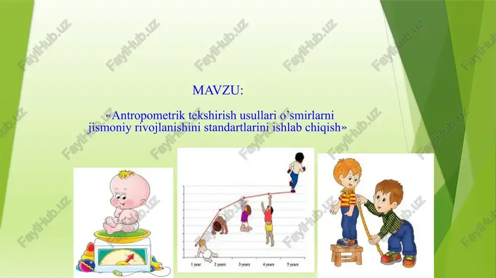 lar kuchi, o’pkaning tiriklik sig’imi, a/b (arterial bosim) qiymati, puls tezligi, teri osti yog’ qavatining qalinligi; 3.somatoskopik ko’rsatkichlar - skeletning holati, badan terisining holati, doimiy tishlarning soni, jinsiy rivojlanish formulasi. 1. somatometrik ko’rsatkichlar antropometrik ko'rsatkichlarni aniqlash yoki tekshirish dasturini tanlash tekshiriluvchi yosh kontingentlarga bog’lik. odatda qator antropometrik ko'rsatkichlardan asosiylari tanlab olinadi. bolaning bo’yi yog’ochli yoki temirli bo’y o’lchagichda aniqlanadi. o’lchashlarning ertalabki soatlarda o’tkazilishi kerak. o’lchash vaqtida bo’y o’lchagichning vertikal taxtasiga bola tanasining quyidagi qismlari tegib turishi kerak: kurak oraligidagi umurtqa pog’onasi, dumba sohasi, tovonlar; bosh biroz oldinga egilgan holda bo’ladi. bolaning bo’yini o’lchash vazn tibbiy tarozi yordamida aniqlanadi. bolaning yoshini hisobga olgan holda (bola nonushta qilgan bo’lishi shart- tahminan -0,3 kg) olingan qiymatlardan (ovqat uchun - 0,3 kg), kiyimlardan (yil fasllariga muvofiq -0,3-0,5 kg) va vazndan esa -0,5 kg (yozda) - 1 kg (qishda) olib tashlanadi. bolaning vaznini o’lchash kqa santimetrli tasma yordamida aniqlanadi, buning uchun tasma orqa tarafda kurak …