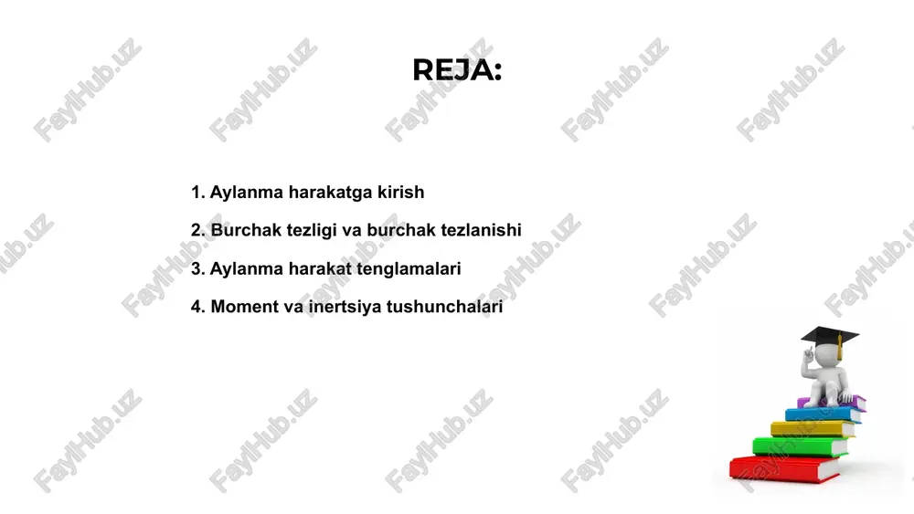 r qilish darajasi bo‘lib, u kuch moduliga va qo‘lning uzunligiga bog‘liq. inertsiya esa jismning harakat holatini saqlab qolishga bo‘lgan qarshilik o‘lchovi bo‘lib, massasiga va aylanish radiusiga bog‘liqdir. sentrafugal kuchning mohiyati 01. 02. 03. aylanma harakat bu jismning o'z markazi yoki tashqi o'qi atrofida aylanib harakatlanishidir. u doimiy tezlashuv bilan sodir bo'lishi mumkin. sentrafugal kuch bu markazdan tashqariga yo'nalgan kuch bo'lib, aylanayotgan jismda inersion natijasida vujudga keladi va harakatni buzadi. bu kuch tufayli jismlar aylanganda tashqariga siljiydi, bu holat avtomobil burilish qilganda odamlarda sezilishi mumkin bo'lgan effekt hisoblanadi. sentrafugalash jarayoni aylanma harakat jismlar markazga nisbatan doimiy radiusda aylanayotganda sodir bo'ladi. bu harakat markaziy kuchlar ta'sirida davom etadi. sentrafugalash jarayoni aylanayotgan sistema ichida yuzaga kiruvchi markazdan qochuvchi kuchga asoslanadi. bu kuch jismlarni tashqariga suradi. ushbu jarayon suyuqlik va qattiq modda aralashmalarini ajratishda keng qo'llaniladi. sentrafugal kuch elementlarni zichligiga qarab ajratadi. 01. 02. 03. texnik qurilmalarda aylanma harakat aylanma harakat jismlarning markaz atrofida …