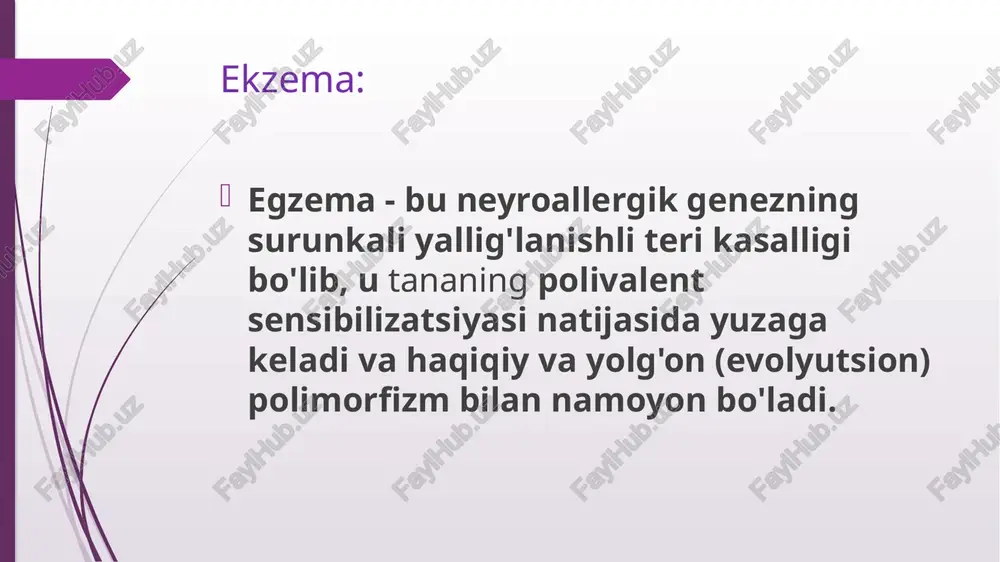o'lmagan himoya omillarining buzilishi bilan immun yallig'lanishi rivojlanadi. ekzematoz reaktsiya - bu ekzogen va endogen omillarning takroriy ta'siriga javoban kechiktirilgan turdagi yuqori sezuvchanlikning namoyon bo'lishi, shuningdek immunitetning hujayrali va gumoral aloqalari ishtirokida polivalent sensibilizatsiya rivojlanishi. ko'pincha ekzema tez-tez relapslar va bemorda polivalent sensibilizatsiya va autosensibilizatsiya shakllanishi bilan allergik kontakt dermatitdan rivojlanadi . rivojlanishiga psixo-emotsional ortiqcha yuk, endokrin disfunktsiyalar, oshqozon-ichak trakti kasalliklari, metabolik kasalliklar va to'qimalar trofizmi yordam beradi. ekzemaning shakllanishida markaziy asab tizimining funktsional buzilishlari va parasempatik ta'sirlarning ustunligi bilan avtonom nerv sistemasi katta rol o'ynaydi. rivojlanishida asosiy rolni patogen mikroorganizmlarga (bakteriyalar, zamburug'lar) va kimyoviy moddalarga sezgirlik ega bo'lib, ular bilan kasbiy faoliyat davomida teri aloqa qiladi. kuchayishi stressli vaziyatlar, dietani buzish, mahalliy va professional kelib chiqadigan allergenlar bilan aloqa qilish, turli xil kimyoviy va mexanik tirnash xususiyati beruvchi moddalar ta'sirida sodir bo'ladi. ekzogen tirnash xususiyati beruvchi moddalar: kimyoviy moddalar biologik vositalar yuqumli allergenlar jismoniy omillar dori-darmonlar oziq-ovqat mahsulotlari endogen …
