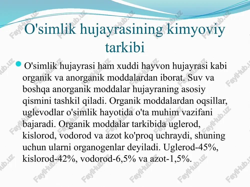 sidlar-tabiiy antibiotiklardir. o'simliklarni mikroorganizmlardan, hasharotlardan, zamburug' va sodda hayvonlardan himoya qiladi. kimyoviy tabiatiga ko'ra fitonsidlar efir moylari, organik kislotalar, aminokislota va alkaloidlar bo'lishi mumkin. ular suyuq va gazsimon bo'ladi. piyozdan allitsin antibiotigi ajratib olingan, suvda yomon eriydi. fitonsidlar odam va hayvonlarda kasallik tarqatuvchi patogenlarga ham ta'sir etadi. fitoaleksinlar. ular patogen makroorganizmlar ta'sirida hosil bo'luvchi, mikroblar faoliyatini to'xtatuvchi kichik molekulali moddalardir. fitoaleksanlar kimyoviy jihatdan izoflavonoid, seskviterpenlar polipeptidlar hosilalari hisoblanadi. shu vaqtgacha 20-ga yaqin fitoaleksanlar o'rganilgan. kristallar. o'simlik barglarida hosil bo'ladi, bularga kalsiy oksalat, kalsiy karbonat va boshqalar kiradi va ular vakuolalarda uchraydi. asosiy vazifasi o'simliklardagi ortiqcha kalsiyni neytrallashdan iborat. chunki, ortiqcha kalsiy ionlari ta'sirida sitoplazma qovushqoqligi ortib zichlashadi va moddalar almashinuvi pasayadi. turgor va plazmoliz o'simlik hujayrasi qobig'ining asosiy qismi pektosellyulozadan iborat. pektosellyulozali qobiq suv va unda erigan moddalarni yaxshi o'tkazadi. plazmolemma va tonoplast yarim o'tkazuvchanlik xususiyatiga ega bo'lib, suvni juda yaxshi o'tkazadi, ammo unda erigan moddalarni sekin o'tkazadi. agar hujayra …