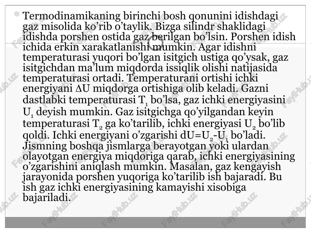 adiabatik jarayonda ish sistemaning boshlanich va oxirgi ichki energiyalarining ayirmasiga teng bo’ladi. a = - adiabatik jarayonda bajarilgan ish sistemaning boshlanich va oxirgi holatlari orqali topiladi va jarayonni o’tish yo’liga bog’liq emas. adiabatik jarayonda bajarilgan ish adiabata chizii bilan chegaralangan yuzaga teng. adiabatik jarayonda bajarilgan ish izotermik jarayonda bajarilgan ishdan doimo kichik. chunki adiabatik kengayish vaqtida sistema tashqi muhitdan issiqlik olmay kengayadi. izotermik kengayish vaqtida sistema temperaturasini doimiy saqlash uchun tashqi jismlardan issiqlik miqdori olib turadi. gaz izotermik siqilganda mexanik ishdan hosil bo’lgan energiyani tashqi muhitga uzatadi. shuning uchun izotermik sistema bilan tashqi muhit orasida yaxshi issiqlik o’tkazuvchanlik sharoiti bo’lishi kerak. adiabatik jarayonda esa aksincha, sistema muhit bilan butunlay issiqlik almashmasligi kerak. termodinamikaning ii - qonuni. agar biror jarayonga termodinamik nuqtai nazardan qarasak, uni qanday moddadan tashkil etganligi bizni qiziqtirmaydi, balki uni holatini xarakterlovchi parametrlarini bilish muhimdir. sistema holatini aniqlaydigan va tashqi sabablar taosirida o’zgarishi mumkin bo’lgan kattaliklar parametrlar deyiladi. …