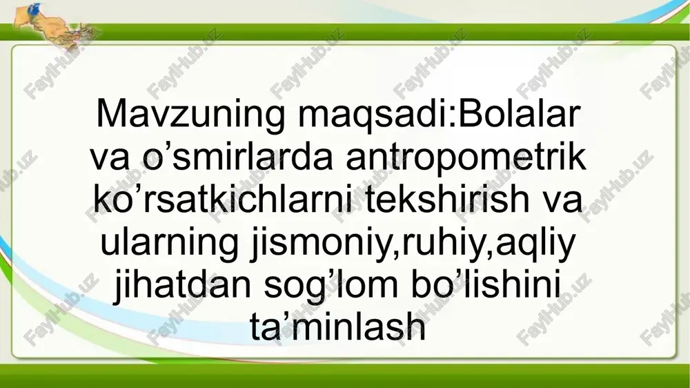 doimiy tishlarning soni, jinsiy rivojlanish formulasi. 1. somatometrik ko’rsatkichlar antropometrik ko'rsatkichlarni aniqlash yoki tekshirish dasturini tanlash tekshiriluvchi yosh kontingentlarga bog’lik. odatda qator antropometrik ko'rsatkichlardan asosiylari tanlab olinadi. bolaning bo’yi yog’ochli yoki temirli bo’y o’lchagichda aniqlanadi. o’lchashlarning ertalabki soatlarda o’tkazilishi kerak. o’lchash vaqtida bo’y o’lchagichning vertikal taxtasiga bola tanasining quyidagi qismlari tegib turishi kerak: kurak oraligidagi umurtqa pog’onasi, dumba sohasi, tovonlar; bosh biroz oldinga egilgan holda bo’ladi. bolaning bo’yini o’lchash vazn tibbiy tarozi yordamida aniqlanadi. bolaning yoshini hisobga olgan holda (bola nonushta qilgan bo’lishi shart- tahminan -0,3 kg) olingan qiymatlardan (ovqat uchun - 0,3 kg), kiyimlardan (yil fasllariga muvofiq -0,3-0,5 kg) va vazndan esa -0,5 kg (yozda) - 1 kg (qishda) olib tashlanadi. bolaning vaznini o’lchash kqa santimetrli tasma yordamida aniqlanadi, buning uchun tasma orqa tarafda kurak burchaklari sohasida, oldi tomonda esa, o’g’il bolalarda - 4 qobirg’a sohasida, qiz bolalarda ko’krak bezi aylanasining ustki qismida turishi kerak. ko’krak qafasi aylanasi (kqa) …