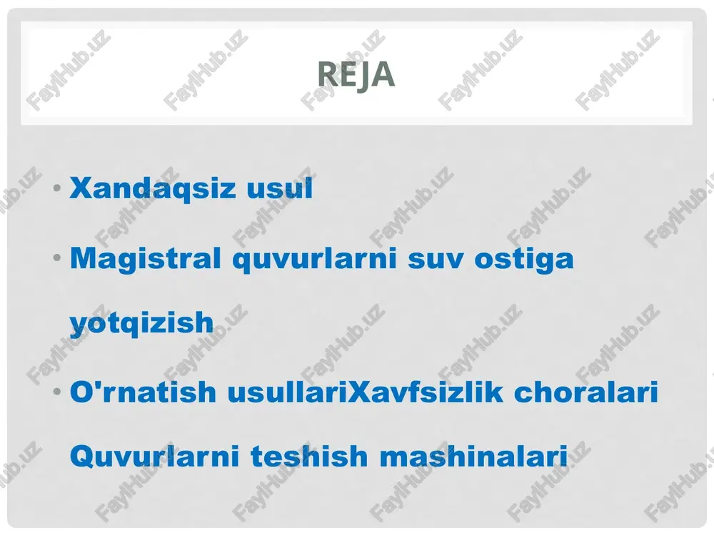 quvurlar maxsus texnik vositalar (traktor, vinç, quvur yotqizish idishi) yordamida suv ostidagi xandaqning pastki qismi bo'ylab harakatlanadi. o'tish turlari ponksiyon usuli ekstruziya usuli gorizontal yo'nalishli burg'ulash xavfsizlik choralari magistral quvurlarni suv ostiga yotqizishda xavfsizlik qoidalariga rioya qilish muhim, masalan: ish joyini fextavonie qilish . sayt signallar bilan o'ralgan: kunduzi - yashil bayroqlar bilan, kechasi - yashil chiroqlar bilan. meganorm.ru himoya vositalaridan foydalanish . quvurlar katodik himoyani o'rnatish va tashqi yuzani betonlash orqali korroziyadan va mexanik shikastlanishdan himoyalangan. gk-gidro.rftechinsider.ru sifat nazorati . o'rnatishdan so'ng, chiziqning zichligi, ulanishlarning ishonchliligi, rentgen nurlari yordamida qochqinning yo'qligi tekshiriladi va gidravlik sinovlar o'tkazilad ponksiyon usuli 400-500 mm dan oshmaydigan kichik va o'rta diametrli quvurlarni yotqizish uchun ponksiyonni loy va qumloq tuproqlarda qo'llash yaxshiroqdir. quvur ponksiyonining uzunligi 60-80 m dan oshmaydi. tuproqqa yotqizilgan quvurlar qarshilik va ishqalanish kuchlarini kamaytirish uchun maxsus maslahatlar bilan jihozlangan. gd-170 , gpu-600 tipidagi bosimli nasos-jak bloklari eng ko'p qo'llaniladi . va uvvtp-400 …