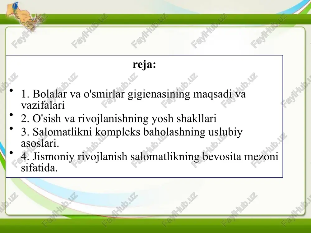 logik ishonchliligi; genetik va ijtimoiy aniqlanish ; o'sishning assimetriyasi; kraniokaudal o'sish gradienti; muqobil o'sish yo'nalishlari. tengsizlik temp o'sish va rivojlanish - o'sish va rivojlanish tezligi yoshga nisbatan chiziqli bo'lmagan bog'liqlikka ega: organizm qanchalik yosh bo'lsa, morfofunksional qayta qurish jarayonlari shunchalik intensiv bo'ladi. geteroxroniya - vaqt va makonda ajratilgan alohida organlar va tizimlarning o'sishi va rivojlanishi o'rtasida ularning turli darajadagi etukligini belgilaydigan maxsus munosabatlar mavjud . shu munosabat bilan, tanqidiy ( adaptiv , sensorli) davrlar homiladorlikning 12-14 va 26-28 haftalari, neonatal davr , birinchi qo'shimcha oziqlantirish, mustaqil yurishning boshlanishi , 3 yil, 7-10 va 15-17 yil. jinsiy dimorfizm - yoshga bog'liq bo'lgan morfofunksional o'zgarishlar tabiatida va faoliyat darajasida gender farqlari mavjud bo'lib, ular asosan jinsiy bezlar, buyrak usti bezlari va qalqonsimon bezning gormonlari bilan bog'liq. qizlarda balog'at yoshi erta boshlanadi va kuchliroqdir. aniqlik yoshi o'zgarishlar genetik omillar o'sish va rivojlanish tezligini, alohida a'zolar va tizimlarning kamolotga etish tartibini, biologik ishonchliligini, jinsiy …