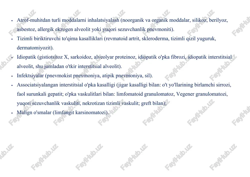 birlashtirilgan. interstitsial to’qima o’pkaning biriktiruvchi to’qimasi deyiladi. u o'pkadagi mikroskopik havo qoplari va alveolalarni qo'llab-quvvatlaydi. interstitium orqali o'tadigan qon tomirlari o'rtasida gaz almashinuvi funktsiyasini bajaradi.nafas olish yo'llari va qondagi havo. interstitsial to'qima shunchalik nozikki, u rentgen yoki kompyuter tomografiyasida ko'rinmaydi. ammo shunga qaramay, uning kasalligi ushbu tadqiqotlar jarayonida aniqlanishi mumkin. interstitsial o'pka kasalliklari bo'yicha tavsiyalar o'pka to'qimalarining har qanday kasalligi uning qalinlashishiga olib keladi. bunday patologik holat yallig'lanish, shishish yoki chandiq tufayli paydo bo'lishi mumkin. interstitsial to'qimalarning ayrim turlari tezda yo'qoladi, boshqalari esa davolab bo'lmaydigan yoki surunkali. kasallik rivojlanishining sabablari nega interstitsial o'pka kasalligi paydo bo'ladi (davolash bo'yicha mutaxassislarning tavsiyalari quyida keltirilgan)? o'pka to'qimalarining lezyonlari rivojlanishi uchun juda ko'p turli sabablar mavjud. masalan, interstitsial pnevmoniya viruslar, bakteriyalar yoki qo'ziqorinlardan kelib chiqadi. boshqa kasalliklarning rivojlanishi asbest, talk, kvarts chang, metall chang, ko'mir yoki don kabi tirnash xususiyati beruvchi moddalarni muntazam ravishda inhalatsiyalash bilan bog'liq bo'lishi mumkin. juda kamdan-kam hollarda, ushbu guruhdagi …