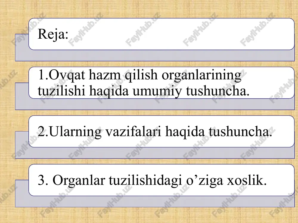 b chiqarishi mumkin (44- rasm). tishlarning sog'lom bo'lishi ovqatni chaynash, yutish va hazm qilish, nutqning ravon bo'lishi, so'zlarni to'g'ri talaffuz qilishda ham muhim ahamiyatga ega. tishni sog'lom saqlash uchun har kuni uxlash oldidan tishni tish pastasi yoki tish kukuni bilan tozalash lozim. til og'iz bo'shlig'ida joylashgan, muskuldan tashkil topgan organ bo'lib, u ovqatni aralashtirib, tomoq tomonga o'tkazish va uning ta'mini aniqlash vazifasini bajaradi. tilning eng muhim vazifalaridan biri so'zlarning ravon talaffuz qilinishini ta'minlashdir. til uch qismdan: uchi, tanasi va ildizdan iborat. tilning ustini qoplagan shilliq qavatda sezuvchi nerv tolalarining uchlari bo'lib, uning uchida, asosan, shirin, ildiz qismida achchiq, yon tomonlarida sho'r va nordon ta'mlarni sezuvchi retseptorlar bo'ladi. og'iz bo'shlig'ida ovqat hazm bo'lishida so'lak bezlarining ahamiyati. og'iz bo'shlig'iga uch juft: tilosti, jag'osti, quloqoldi so'lak bezlarining kanalchalari ochiladi. bu bezlardan ajralgan so'lak og'iz bo'shlig'iga quyilib, ovqatni ho'llab, uning yutilishini qulaylashtiradi. so'lak tarkibida uglevodlarni parchalovchi ptialin fermenti bo'ladi. shuning uchun non og'izda ko'proq …