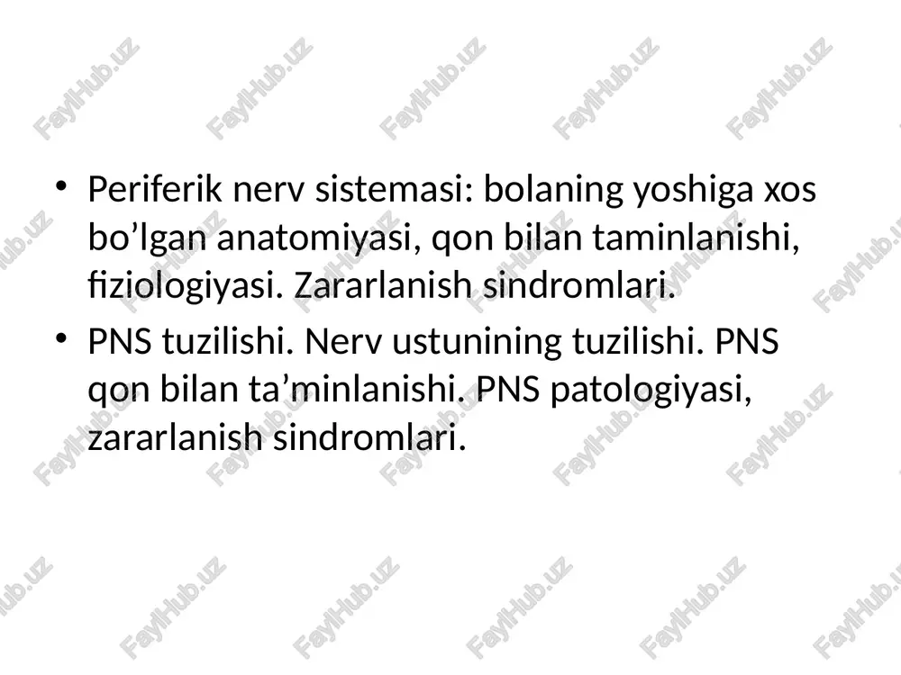 miya nervi orqa miyaning oldingi harakatlantiruvchi va orqa sezuvchi ildizlarini qo’shilishidan hosil bo’ladi. ganglionlar orqali impulslar uzatiladi. har bir orqa miya nervi orqa miyaning oldingi harakatlantiruvchi va orqa sezuvchi ildizlarini qo’shilishidan hosil bo’ladi. qo’shilishidan oldin sezuvchi ildiz umurtqalararo teshik atrofida orqa miya tugunini hosil qiladi yani ganglin spinalisni. bu tugunchalar soxta unipolyar hujayralar to’plamidan iborat. ganglion. pns umumiy anatomiyasi nerv tolalari va ganglionlar tuzilishi orqa miya nervlarining oldingi tarmoqlari bo’yin, bel, dumg’aza va dum sohasida bo’yin, yelka, bel, dumg’aza va dum chigallarini hosil qiladi. 1. 1. bo’yin chigali (plexus cervicalis). bo’yin chigali (plexus cervicalis). to’rtta yuqori bo’yin (c i-iv) nervlarining oldingi shoxlarini qo’shilishidan hosil bo’ladi. uning shoxlari uch: sezuvchi, harakatlanuvchi va aralash guruhlarga bo’linadi. sezuvchi shoxlari: ensaning kichik nervi (n. occipitalis minor) quloqning katta nervi (n. auricularis major), bo’yinning ko’ndalang nervi (n. transversus colli) va o’mrov usti nervlari (n.n.supracviculares) ensa, quloq suprasi, tashqi eshituv yo’li deltasimon va katta ko’krak mushak …