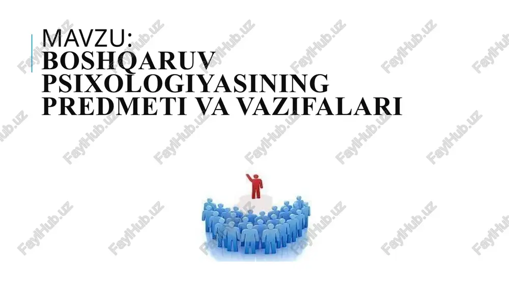 tlantirish, samaradorligini oshirish va jamoa muhitini yaxshilash uchun psixologik yondashuvlardan foydalanishga majbur. 2. ish jarayonlarini optimallashtirish – mehnat unumdorligini oshirish uchun inson omillarini hisobga olish zarur. 3. stress va konfliktlarni boshqarish – tashkilotlarda stress va ziddiyatlar tabiiy holat bo‘lib, ularni samarali boshqarish muhim. 4. ijtimoiy va texnologik o‘zgarishlar – ish joylarida raqamli transformatsiya va masofaviy ish sharoitlarining kengayishi inson resurslarini boshqarishda yangi yondashuvlarni talab qiladi. 5. korporativ madaniyat va jamoaviy ish – samarali jamoaviy ish va sog‘lom tashkilot muhitini yaratishda psixologik bilimlar zarur. boshqaruvchi shaxs va jamoa o‘rtasidagi psixologik munosabatlar boshqaruvchi shaxs va jamoa o‘rtasidagi psixologik munosabatlar samarali boshqaruvning asosiy omillaridan biri hisoblanadi. ushbu munosabatlar rahbar va jamoa o‘rtasidagi ishonch, hurmat, muloqot uslubi, emotsional muhit va hamkorlik darajasiga bog‘liq. 1. psixologik munosabatlarning ahamiyati motivatsiya va samaradorlik: agar boshqaruvchi jamoa bilan yaxshi munosabat o‘rnatsa, xodimlar o‘z vazifalarini zavq bilan bajaradilar va tashkilot maqsadlariga erishish osonlashadi. ish muhitining sog‘lom bo‘lishi: ijobiy psixologik …
