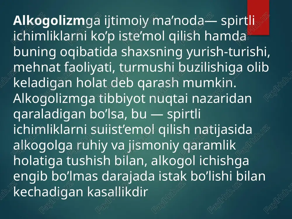 holatda organizm alkogolizmga qarshi kurash-tibbiyot muammosi,mastlikka qarshi kurash jamiyat muammosi. “dadillik” bu spirtli ichimliklar iste’mol qilish erkinligi bo’lgan sharoitida undan o’z hoxishiga ko’ra voz kechish. birinchi (nevrastenik) bosqich. 1-bosqichning asosiy alomati alkogolga tolerantlikning, ya’ni chidamlilikning asta-sekin, uzluksiz oshib borishi hisoblanadi. alkogolni uzoq vaqt davomida tez-tez ichib turish odamda zaharlanishning belgilarisiz alkogolning kattagina dozalarini ichish qobiliyatini paydo qiladi organizmning alkogolga asta-sekin o’rganishi natijasida spirtli ichimlik avvalgi ichganida bemorga keraklicha mastlik holatini, eyforiyani bermaydi, shuning uchun bemor avvaliga qaraganda ko’proq alkogol iste’mol qilishga harakat qiladi pervaya stadiya psixologicheskaya zavisimost i navyazchivoe vlechenie pervaya stadiya snijenie kolichestvennogo kontrolya pervaya stadiya narushenie pamyati pervaya stadiya depresii ikkinchi (narkomanik) bosqich. bu bosqich 50 foizdan ortiq bemorlarda 26—36 yoshlar orasida rivojlanadi. alkogolizmning ikkinchi bosqichi alkogol abstinent sindromining paydo bo’lishi bilan tavsiflanadi alkogol iste’mol qilishi butunlay ichki sabablarga bog’lik bo’lib qoladi, bemor ichkilikdan o’zini tiya olmay qoladi. psixologik engib bulmaydigan istak bilan bir qatorda alkogolga jismoniy qaramlik …